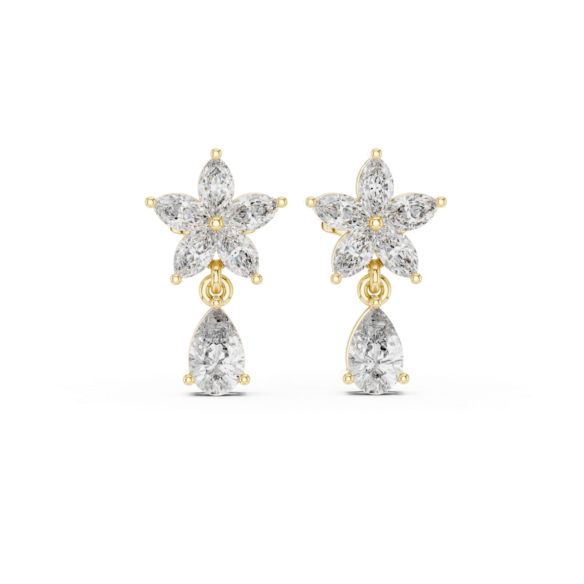 Sterling Silver Floral Pear Moissanite Dangle Earrings, Art Deco Sparkle
