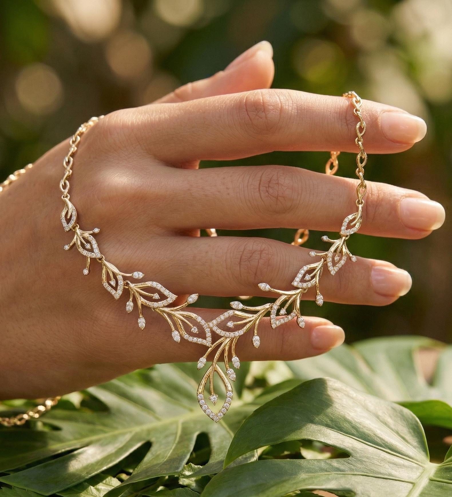 Moissanite Leaf Vine Necklace, Sterling Silver, Nature Inspired Bridal Jewelry