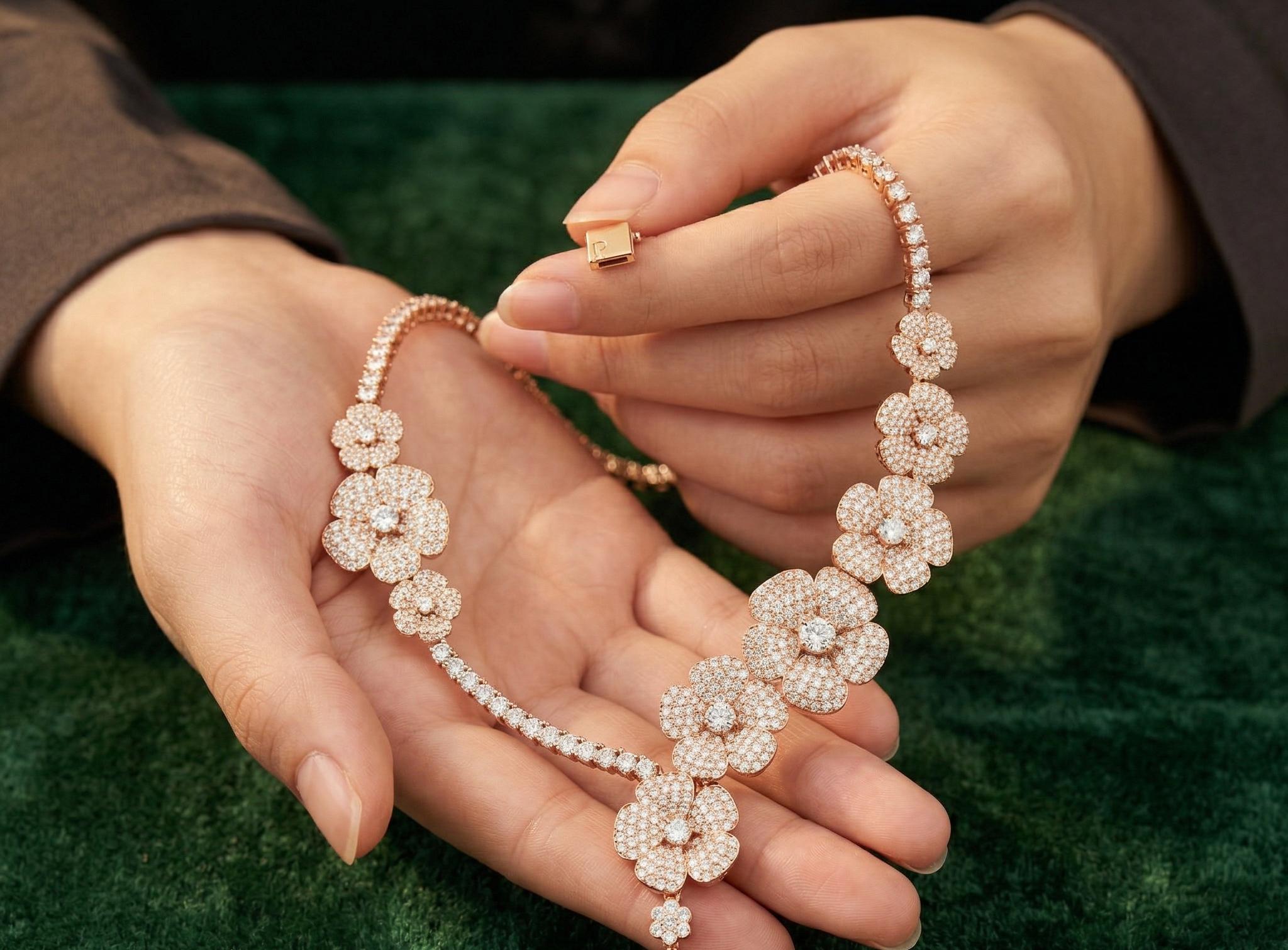 Sterling Silver Flower Moissanite Necklace, Bridal Statement Floral Jewelry