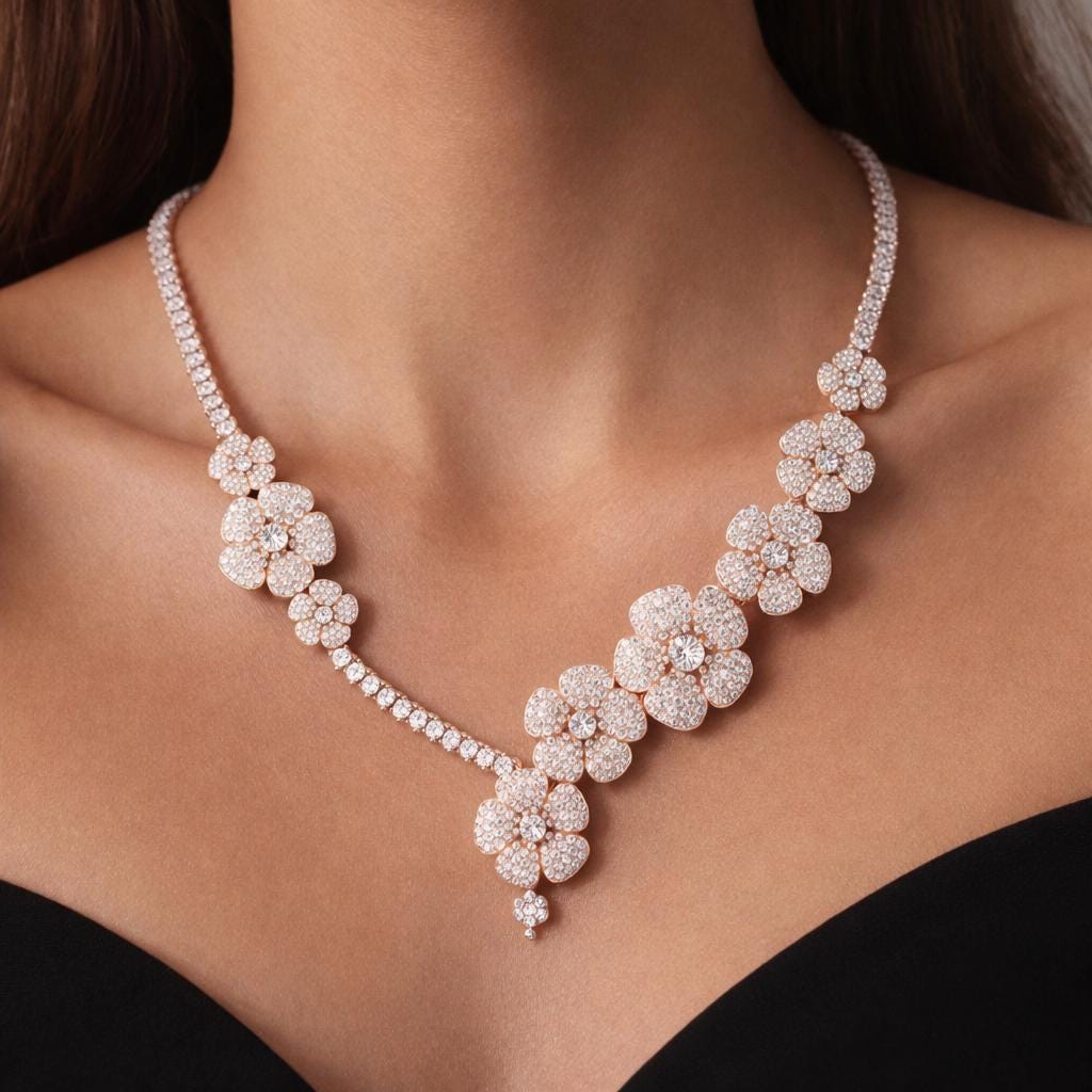 Sterling Silver Flower Moissanite Necklace, Bridal Statement Floral Jewelry