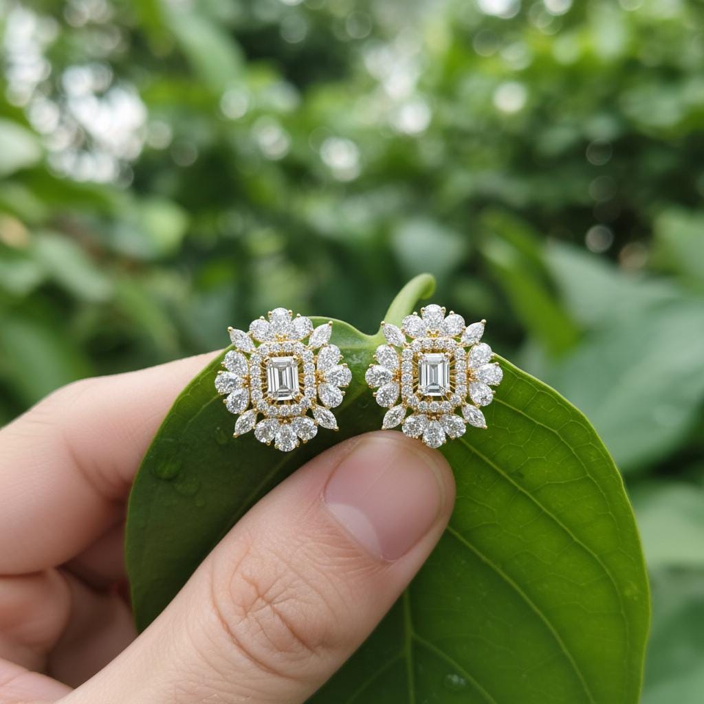 Emerald Cut Moissanite Flower Earrings, 925 Sterling Silver Halo Studs
