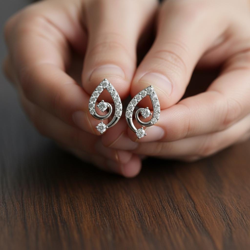 Moissanite Pear Swirl Studs, 925 Sterling Silver Dainty Bridal Earrings