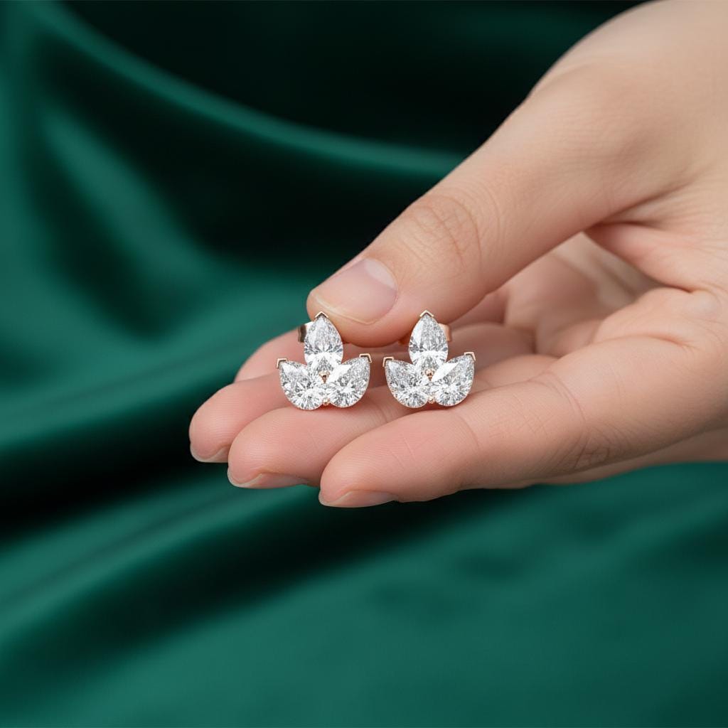 Sterling Silver Lotus Moissanite Stud Earrings, Minimalist Sparkle, Everyday Wear