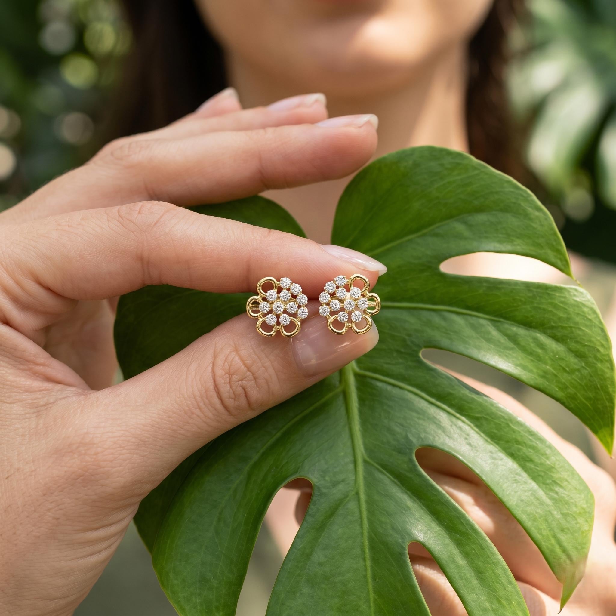 Moissanite Floral Cluster Stud Earrings, 925 Sterling Silver Bridal Jewelry