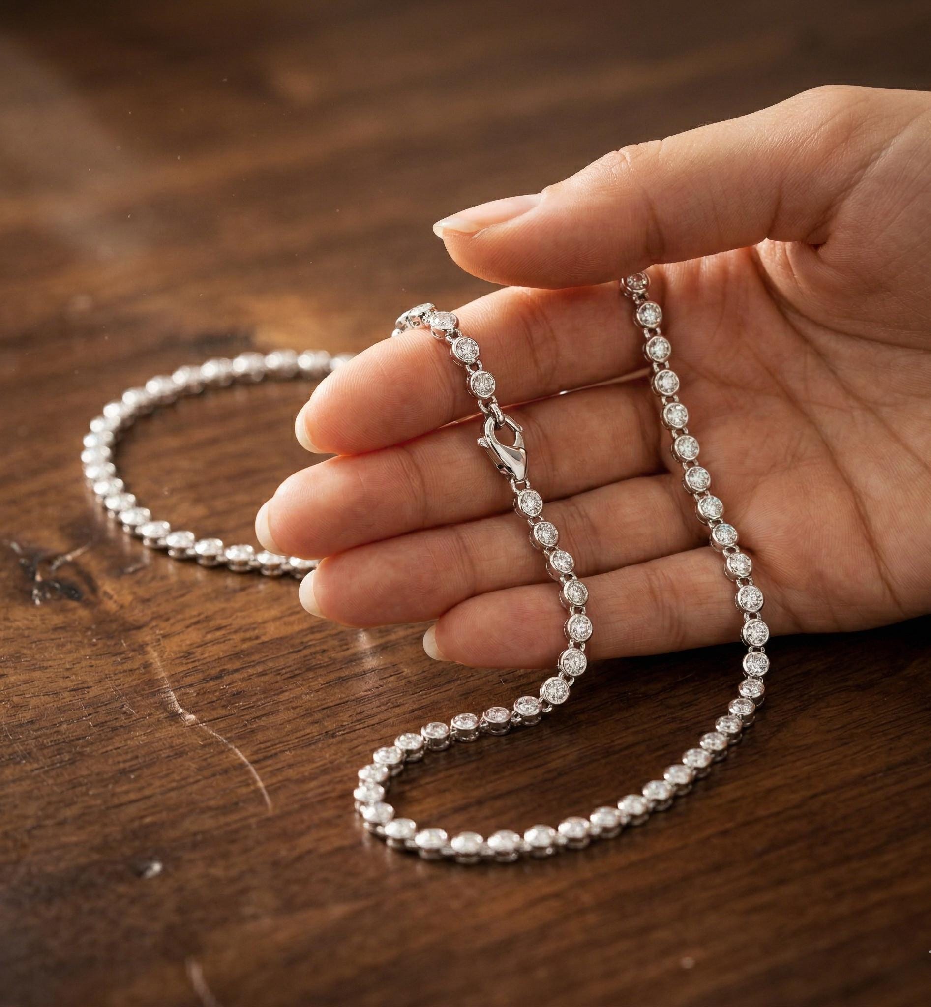 Round Cut Moissanite Tennis Necklace, Sterling Silver, Dainty Bridal Layering Jewelry