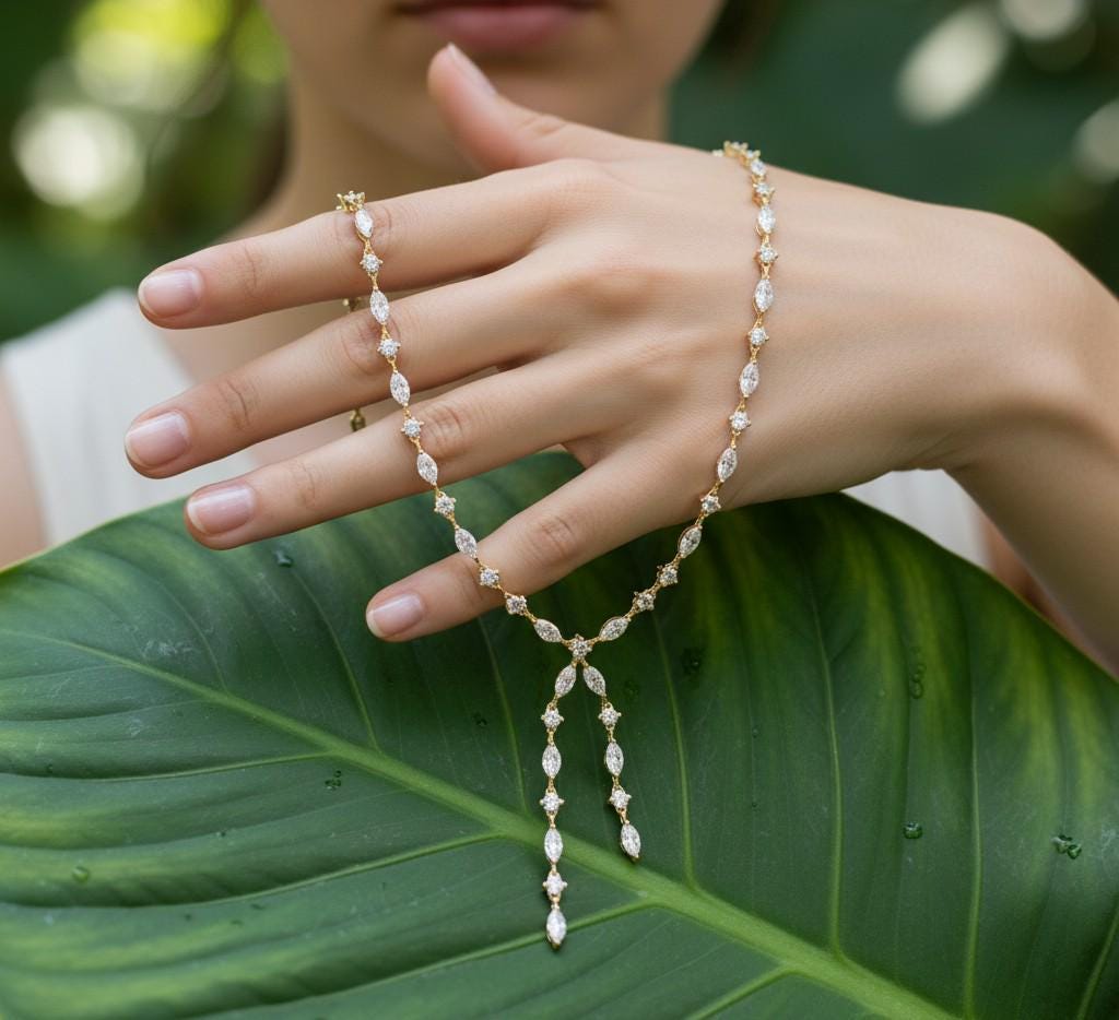 Marquise Moissanite Lariat Necklace, Sterling Silver Bridal Drop Choker