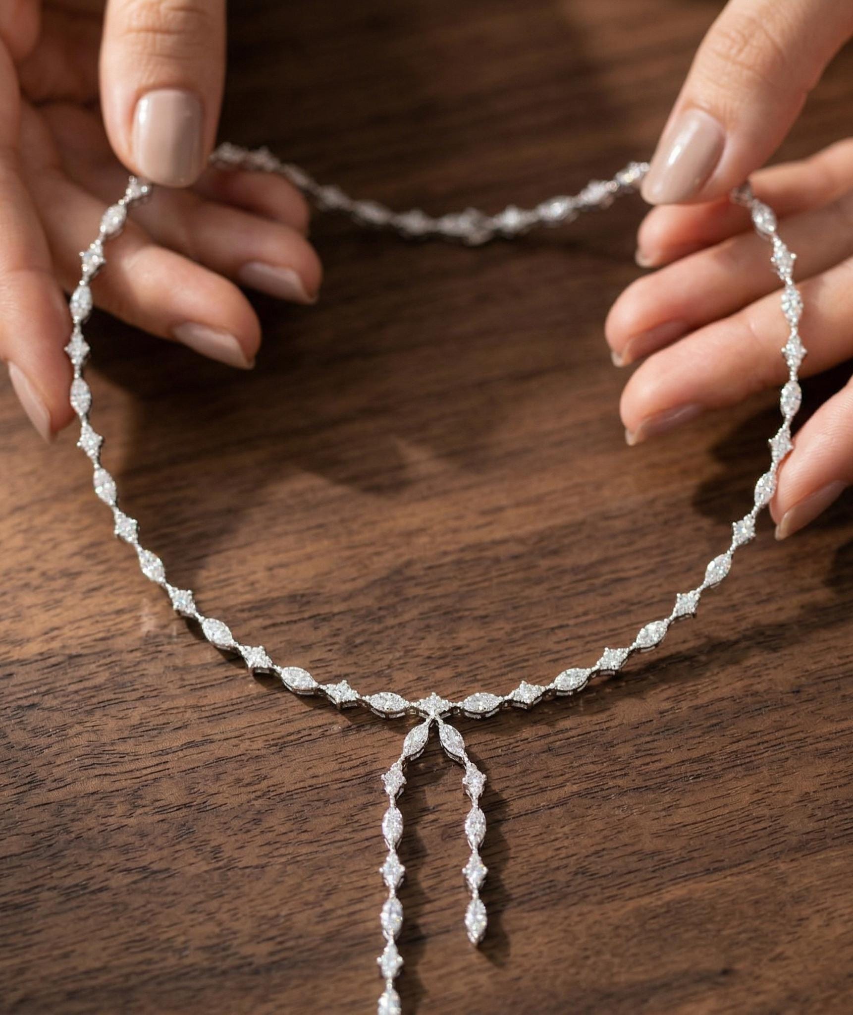 Marquise Moissanite Lariat Necklace, Sterling Silver Bridal Drop Choker