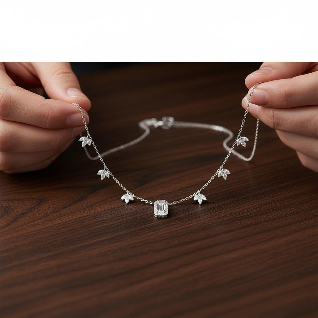 Emerald Cut Moissanite Leaf Charm Necklace, 925 Sterling Silver Nature Jewelry
