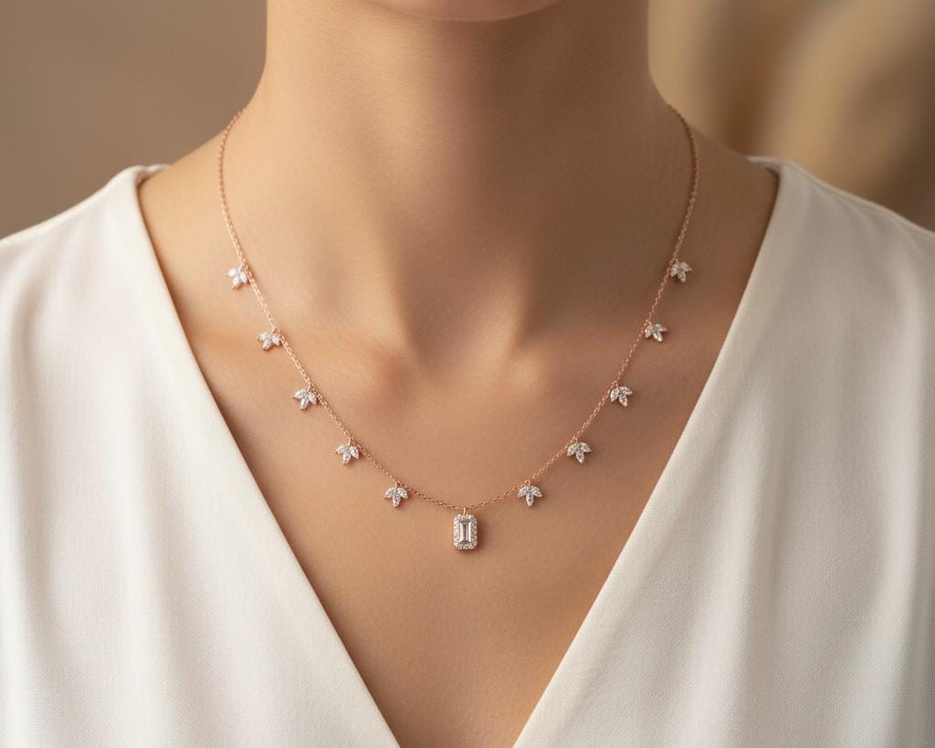 Emerald Cut Moissanite Leaf Charm Necklace, 925 Sterling Silver Nature Jewelry