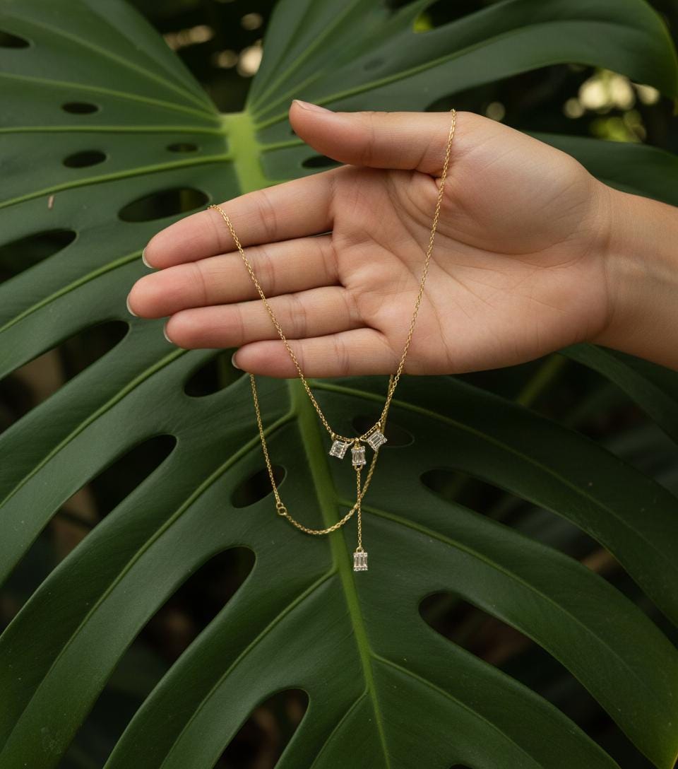 Baguette Moissanite Y Drop Necklace, Sterling Silver Dainty Geometric Pendant, Bridal Sparkle Chain