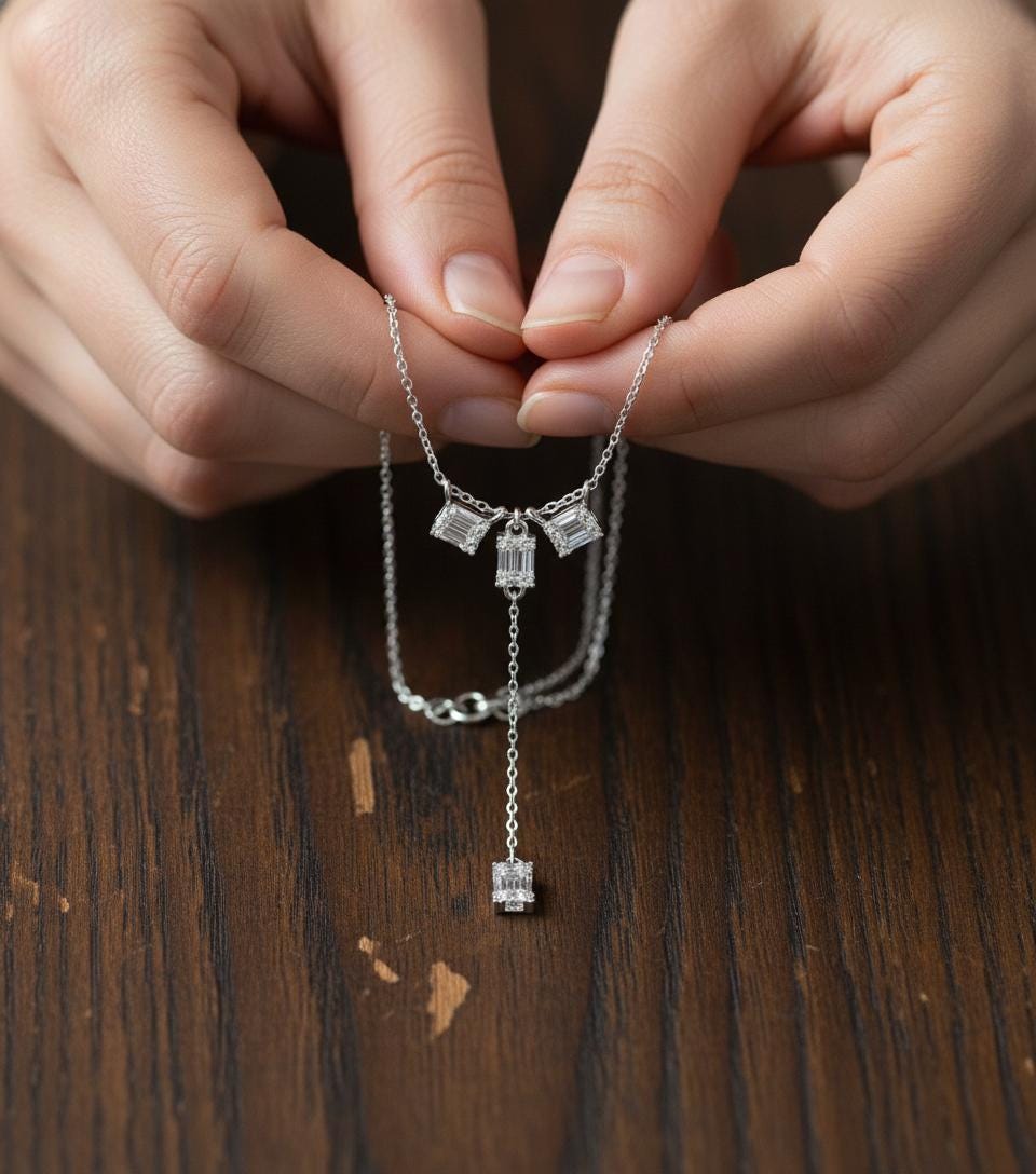 Baguette Moissanite Y Drop Necklace, Sterling Silver Dainty Geometric Pendant, Bridal Sparkle Chain