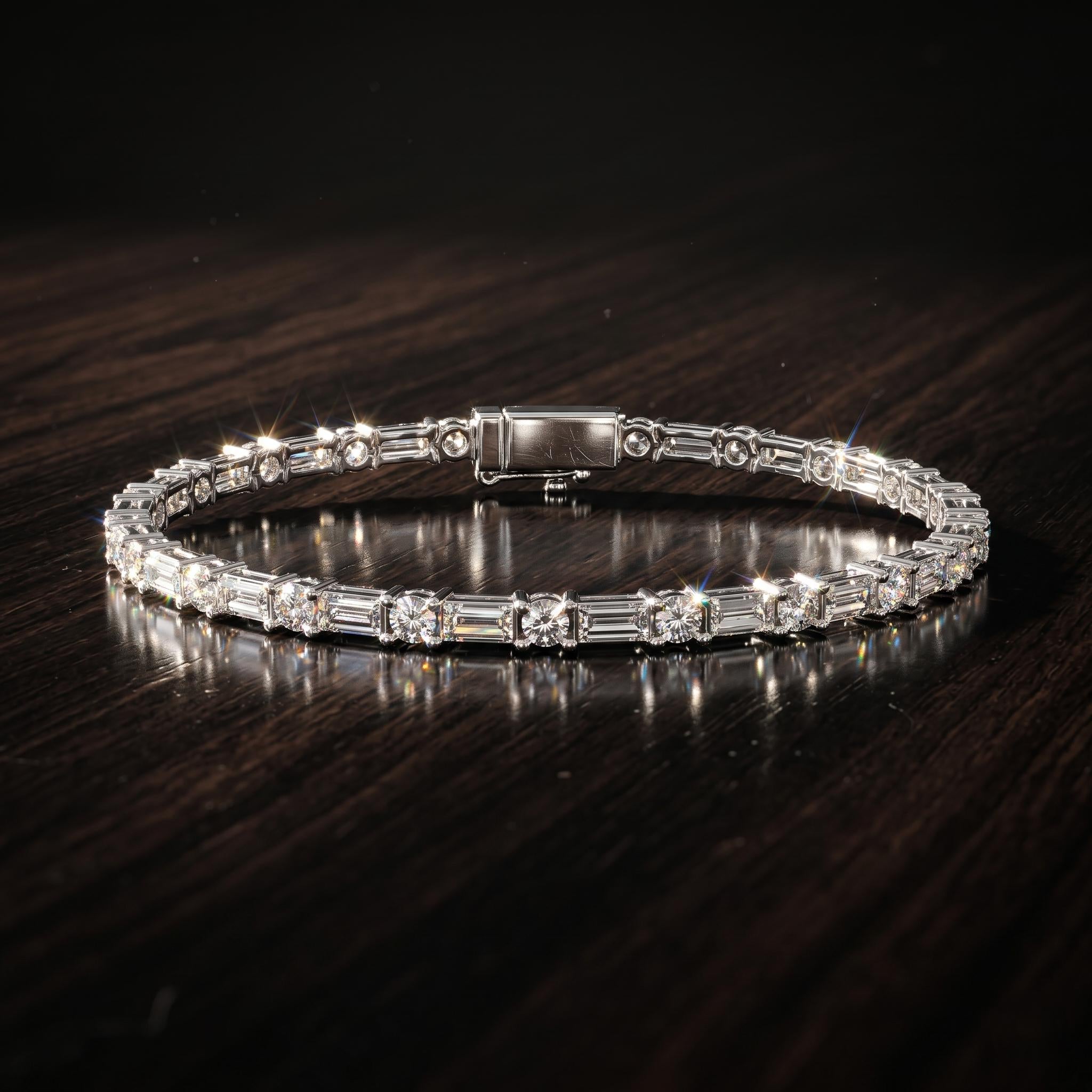 Baguette Round Moissanite Tennis Bracelet, 925 Sterling Silver Art Deco Dainty Wedding Jewelry
