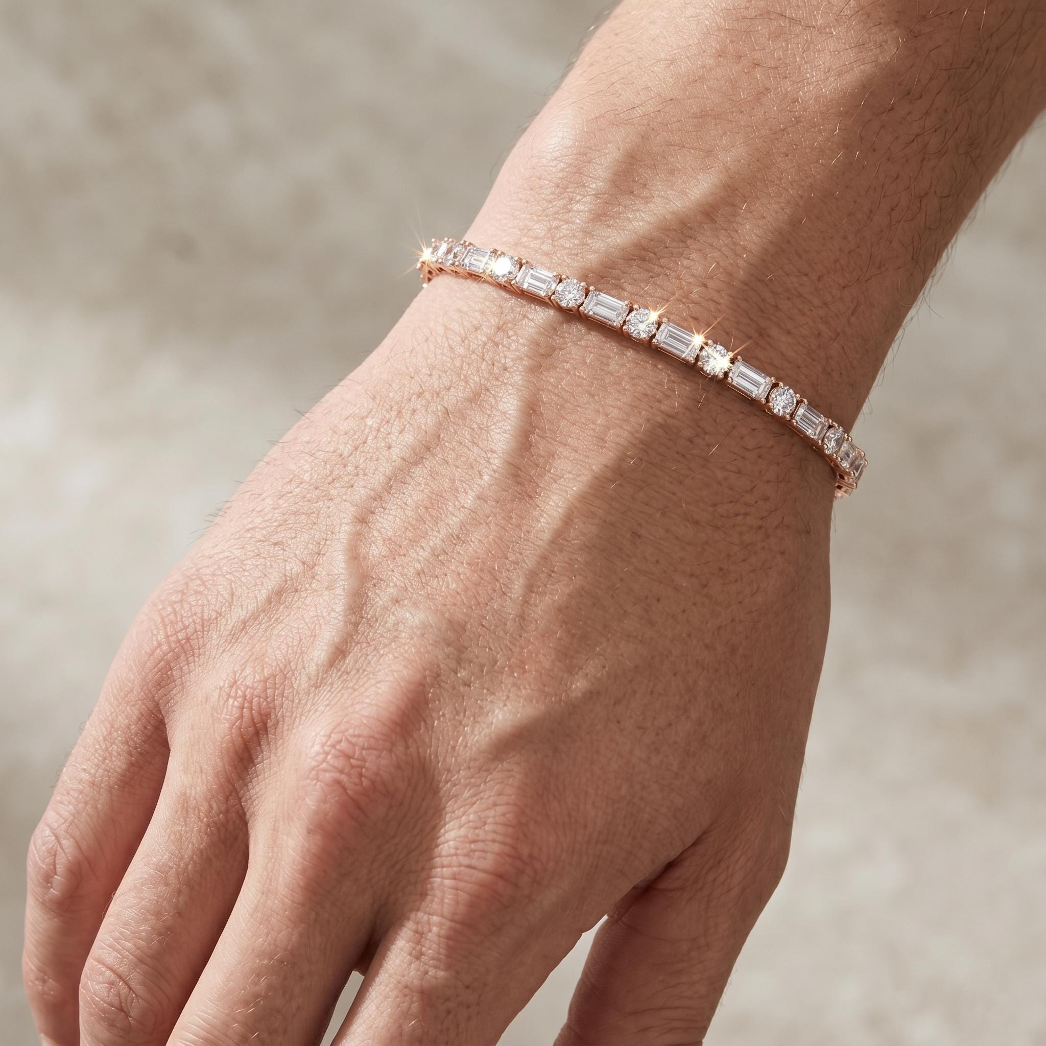 Baguette Round Moissanite Tennis Bracelet, 925 Sterling Silver Art Deco Dainty Wedding Jewelry