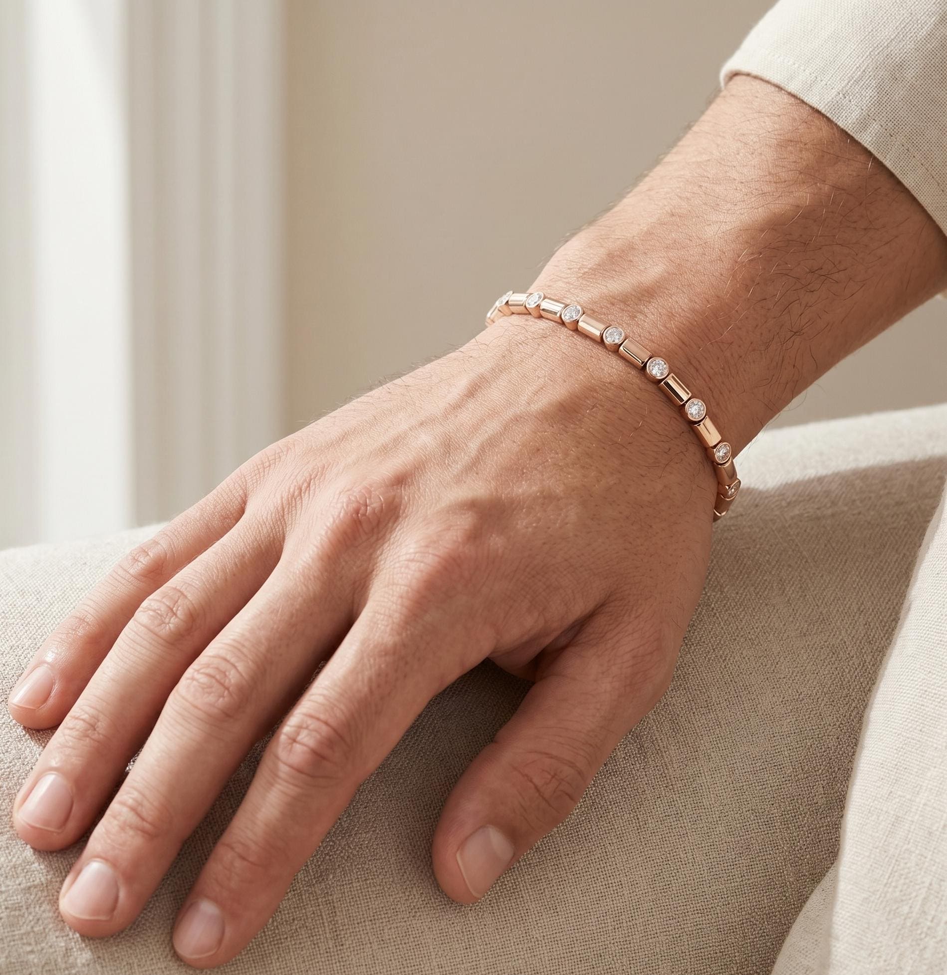 Bezel Set Moissanite Bracelet for men, Sterling Silver Rose Gold Finish Tennis Bracelet