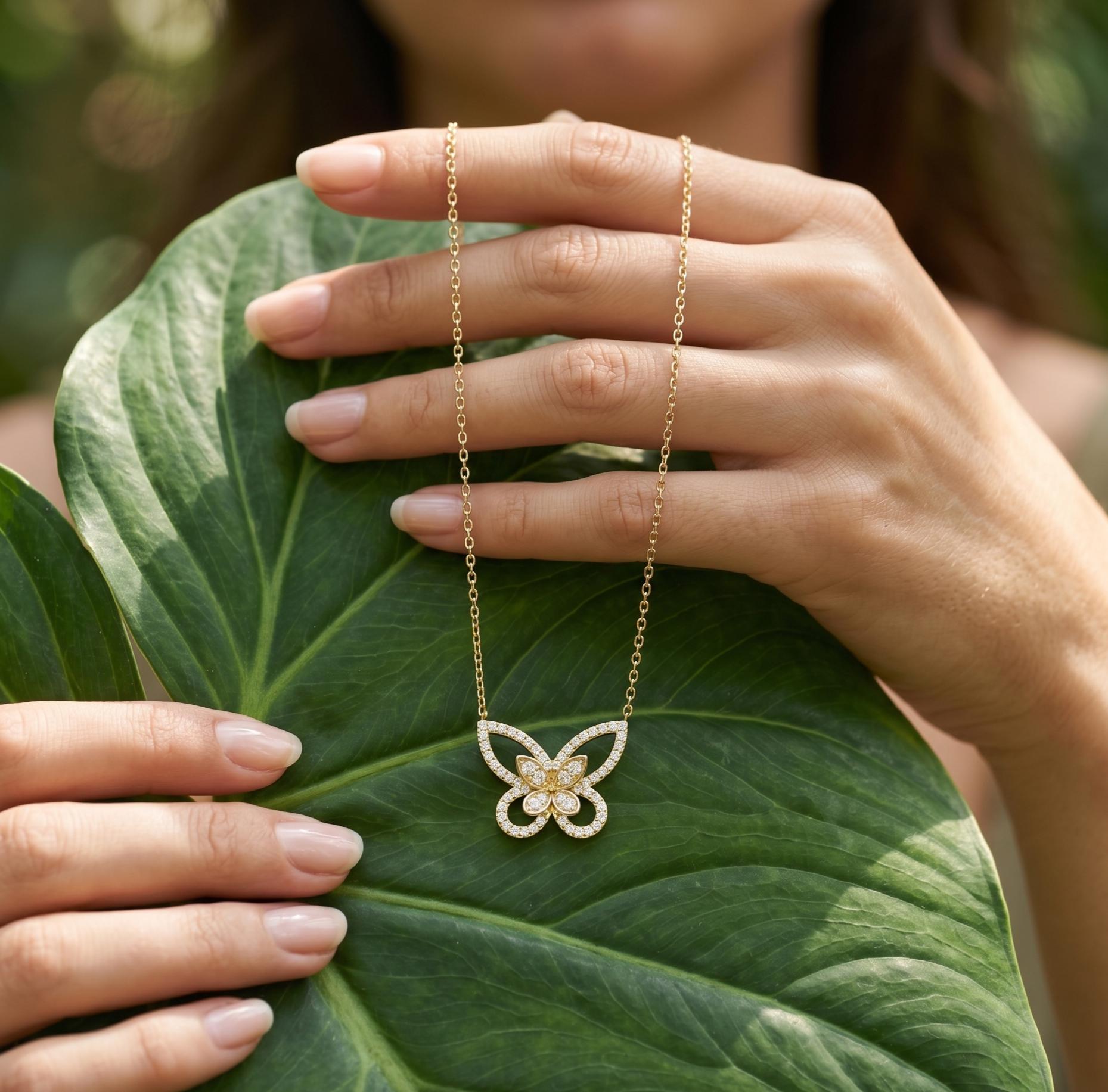 Sterling Silver Moissanite Butterfly Necklace, Dainty Sparkly Nature Jewelry