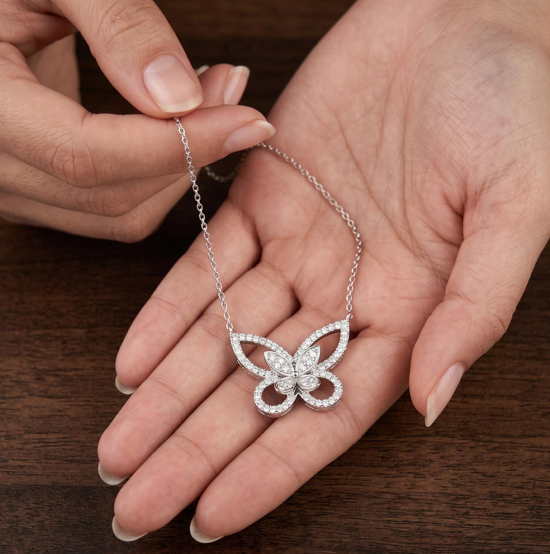 Sterling Silver Moissanite Butterfly Necklace, Dainty Sparkly Nature Jewelry