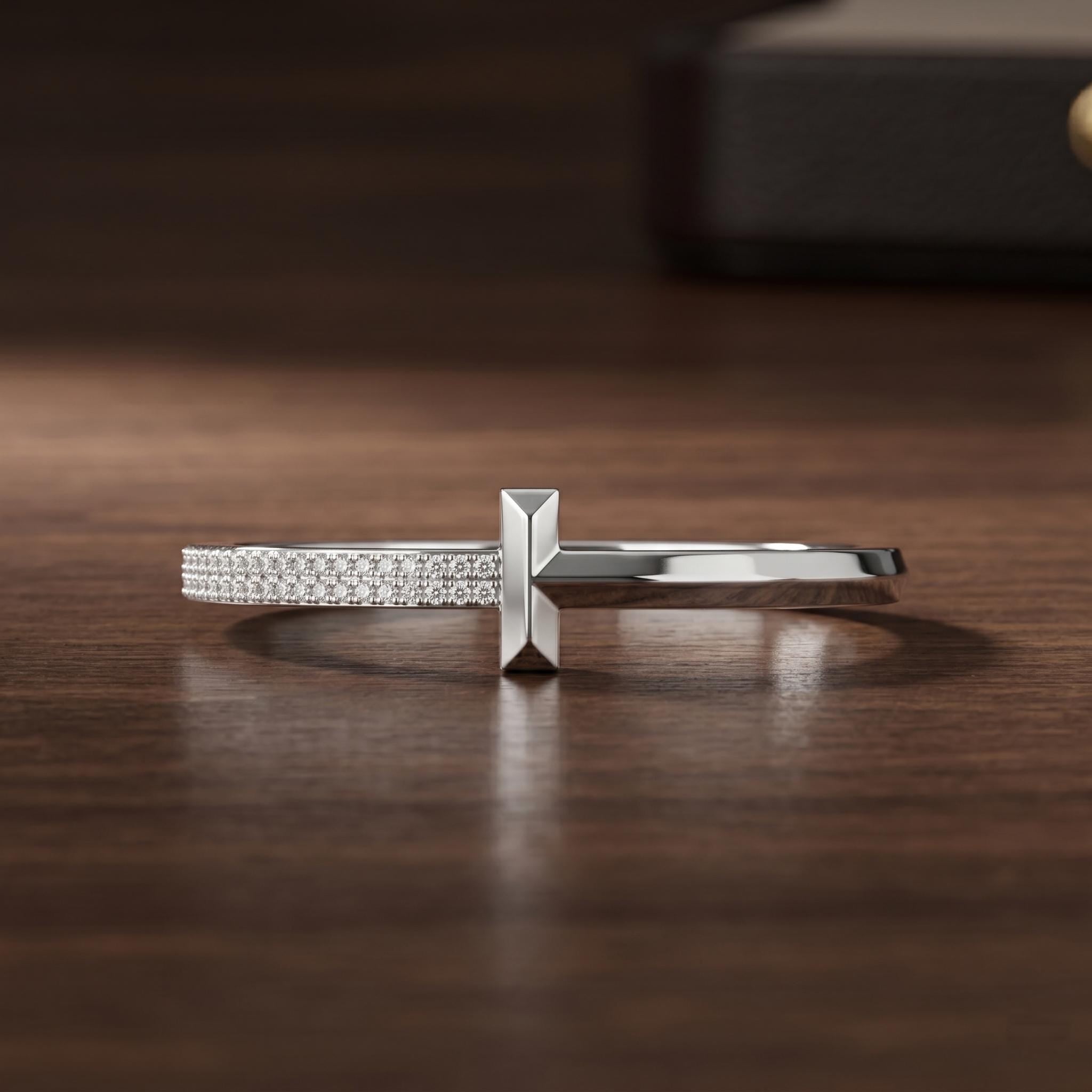 Sterling Silver Moissanite T Bracelet, Minimalist Geometric Hinged Cuff, Anniversary Gift for Him