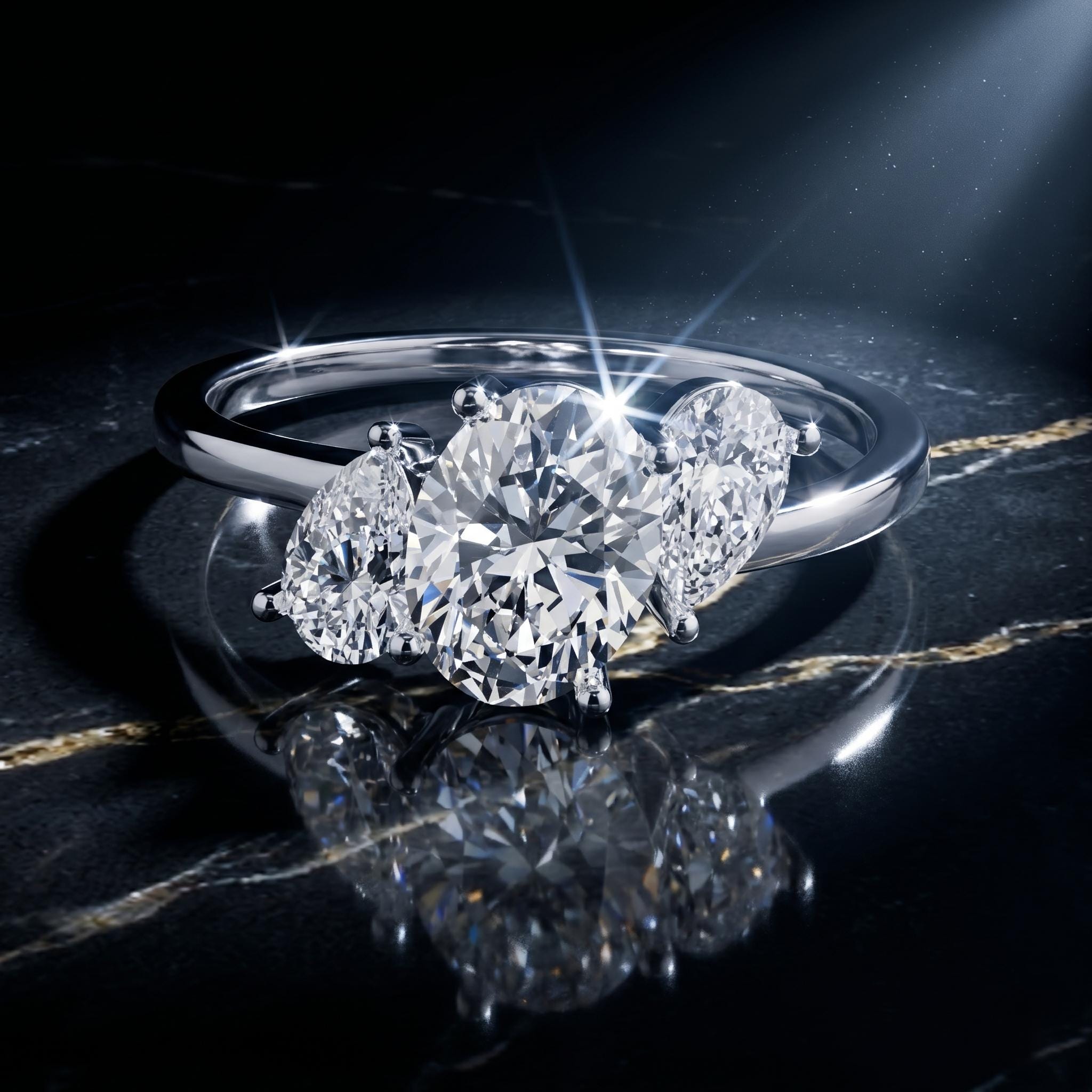 Oval Cut Moissanite Engagement Ring, 3 Stone Pear Side Stones, Sterling Silver, Art Deco