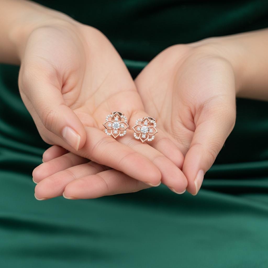 Lotus Flower Moissanite Stud Earrings, 925 Sterling Silver Floral Art Deco studs