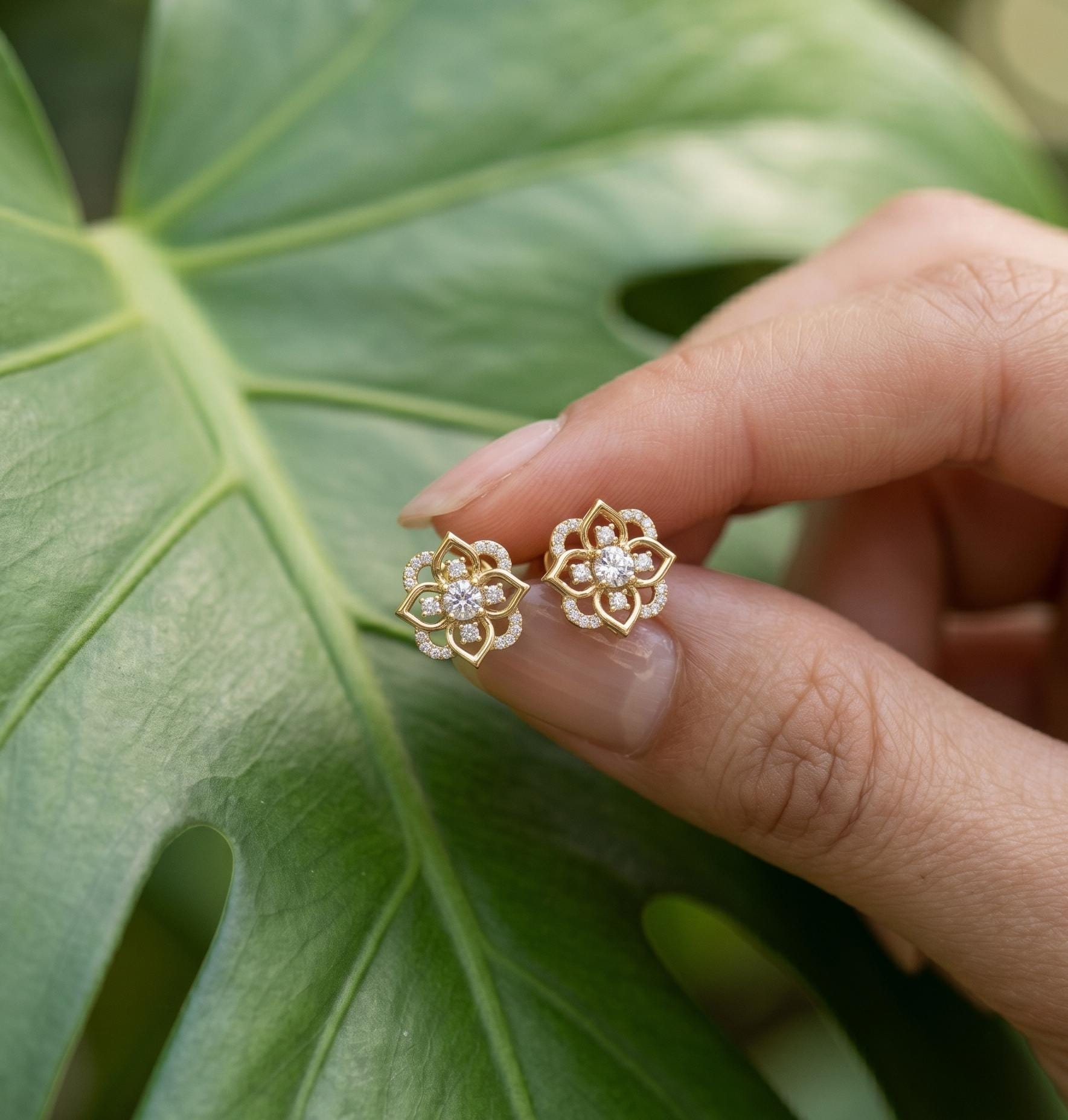 Lotus Flower Moissanite Stud Earrings, 925 Sterling Silver Floral Art Deco studs
