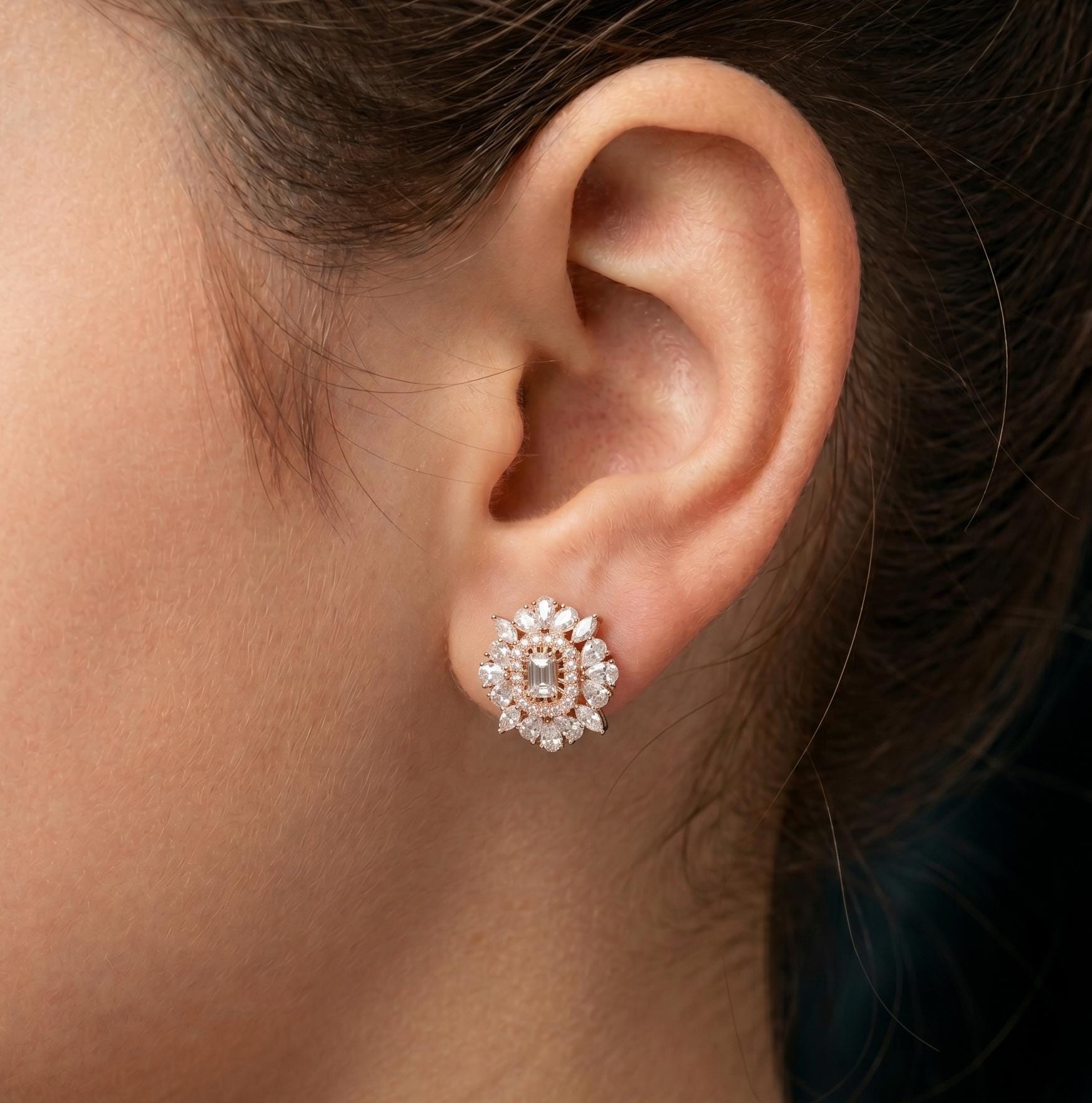 Emerald Cut Moissanite Flower Earrings, 925 Sterling Silver Halo Studs
