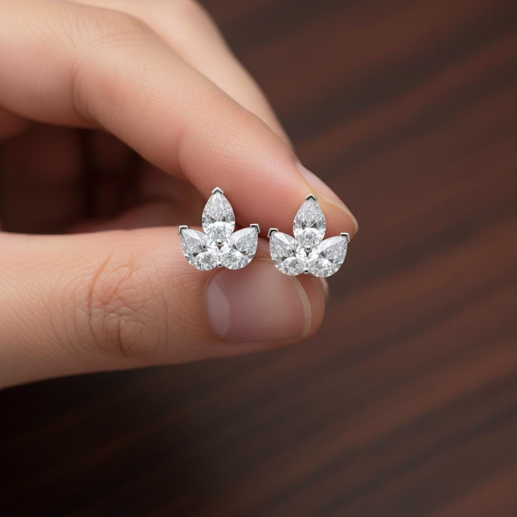 Sterling Silver Lotus Moissanite Stud Earrings, Minimalist Sparkle, Everyday Wear