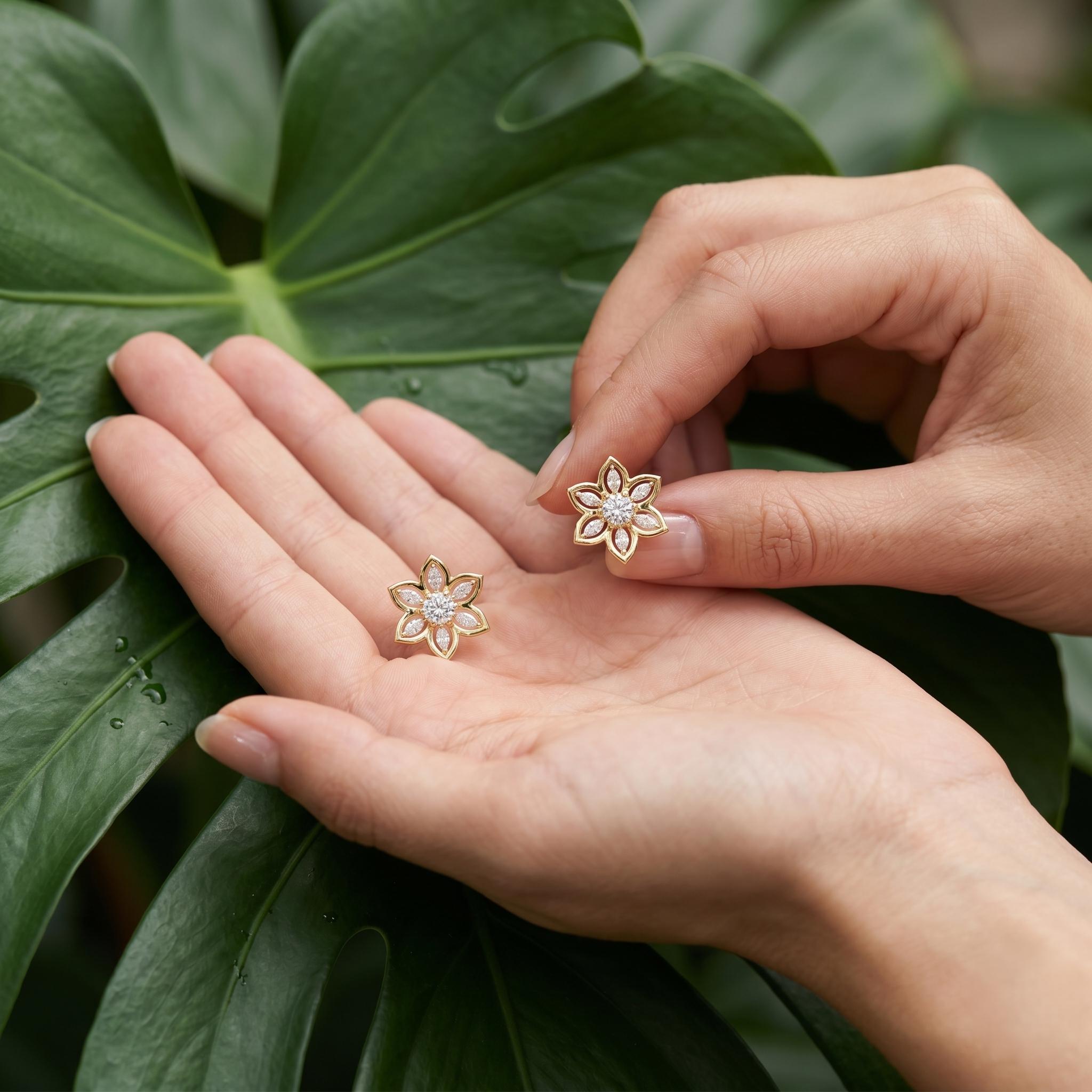 Flower Moissanite Stud Earrings, 925 Sterling Silver, Dainty Bridal Statement