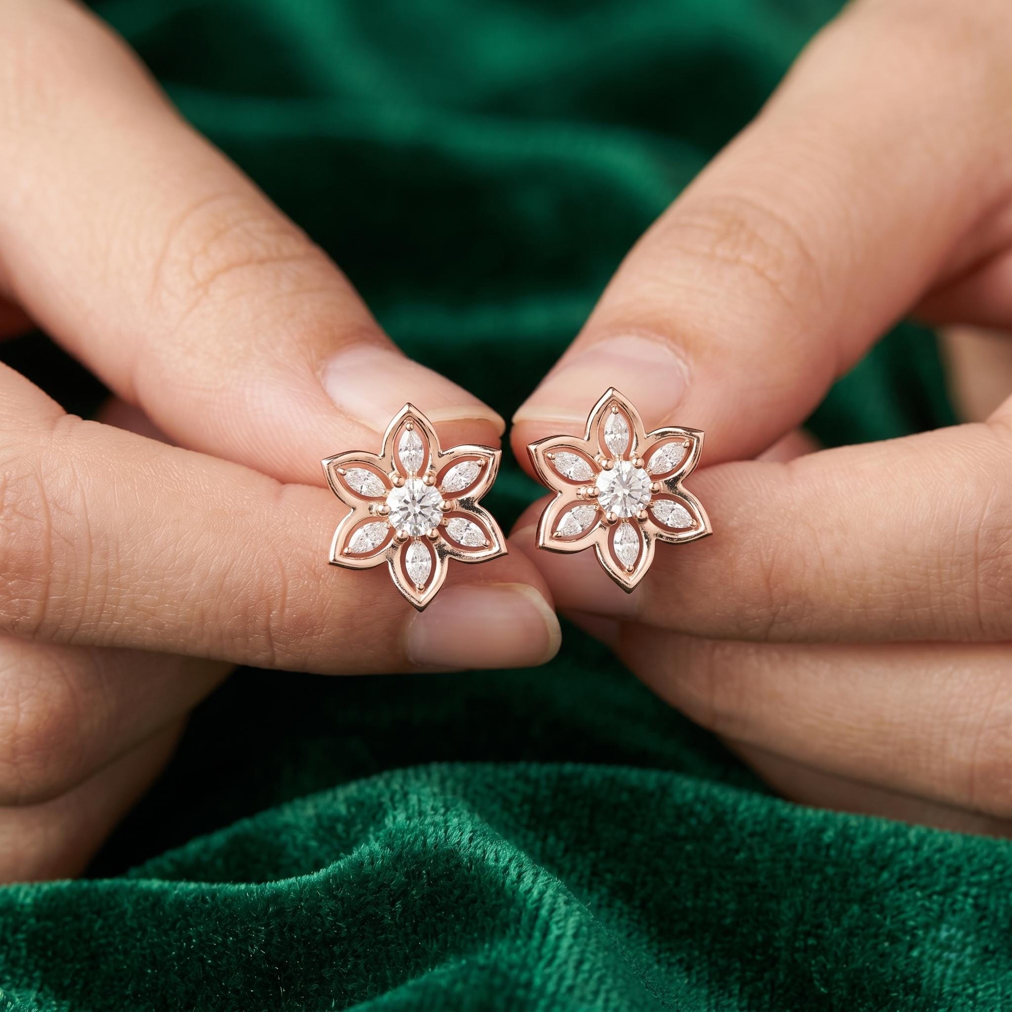 Flower Moissanite Stud Earrings, 925 Sterling Silver, Dainty Bridal Statement