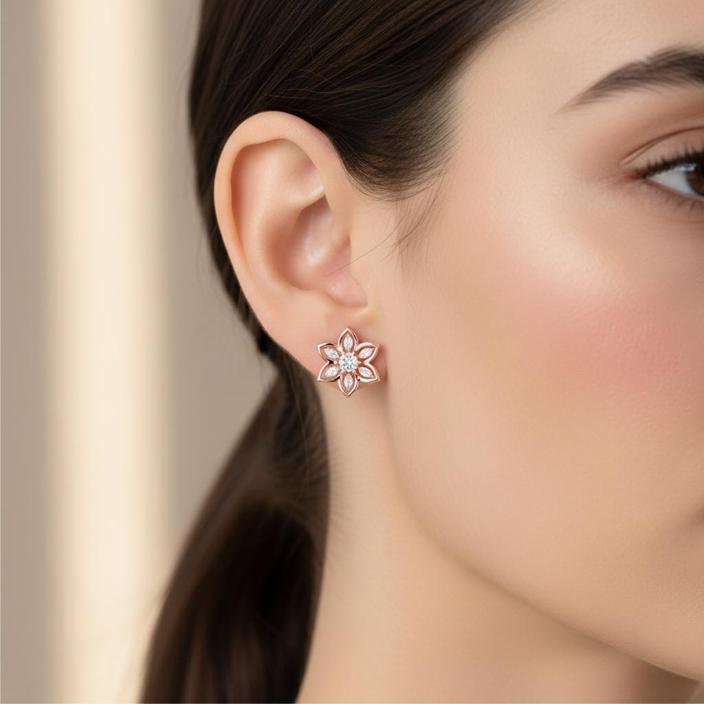Flower Moissanite Stud Earrings, 925 Sterling Silver, Dainty Bridal Statement
