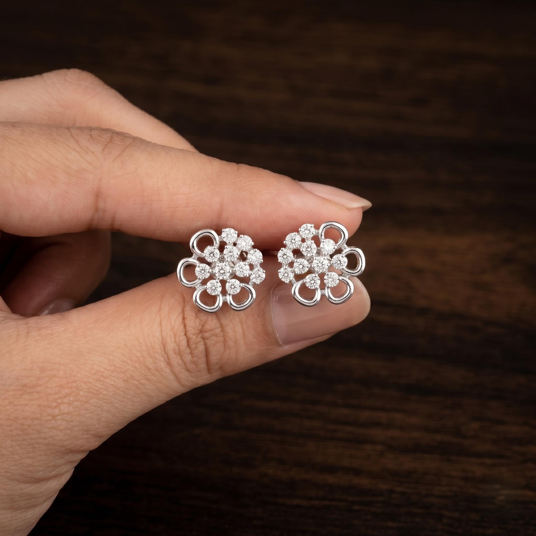 Moissanite Floral Cluster Stud Earrings, 925 Sterling Silver Bridal Jewelry
