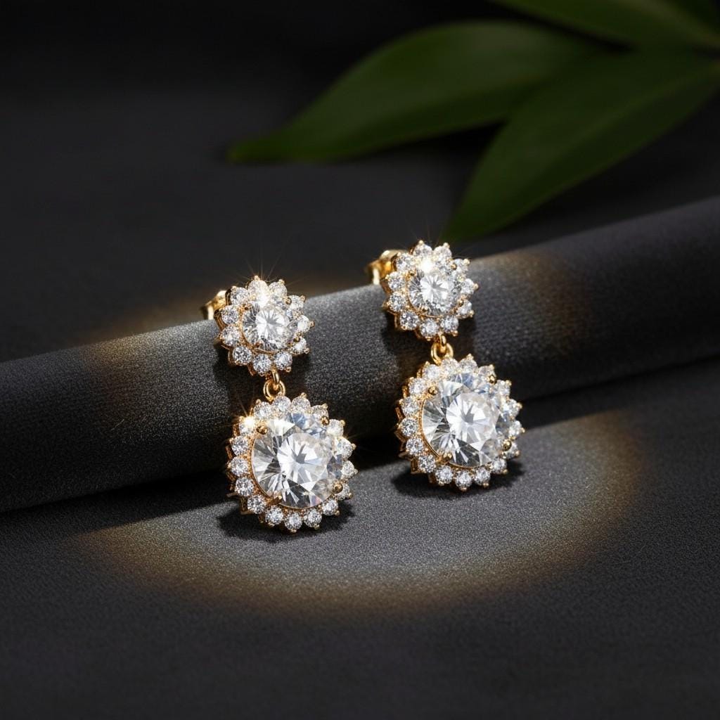 Moissanite Flower Halo Dangle Earrings, 925 Sterling Silver