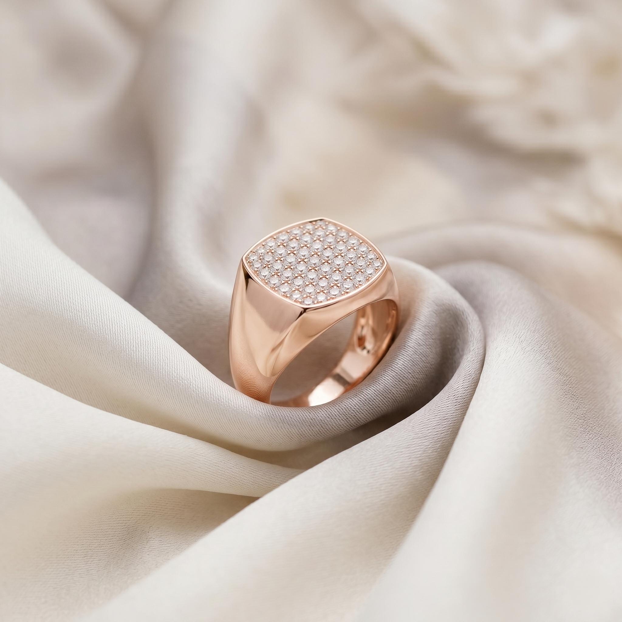 Cushion Moissanite Signet Ring, Sterling Silver Iced Out Pinky Statement Wedding Band