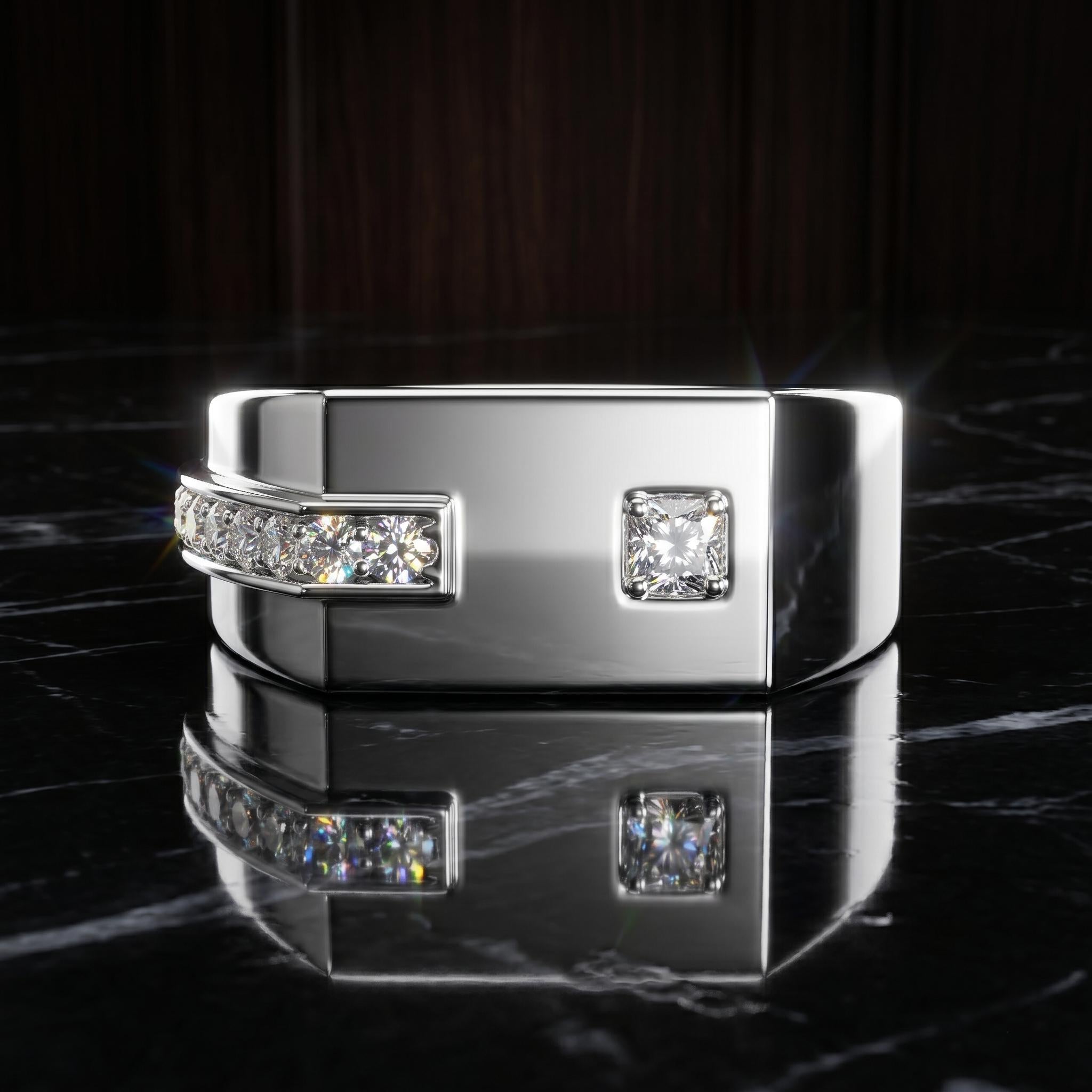 Men's Moissanite Geometric Ring, 925 Sterling Silver Vermeil Band, Flush Set Wedding Gift