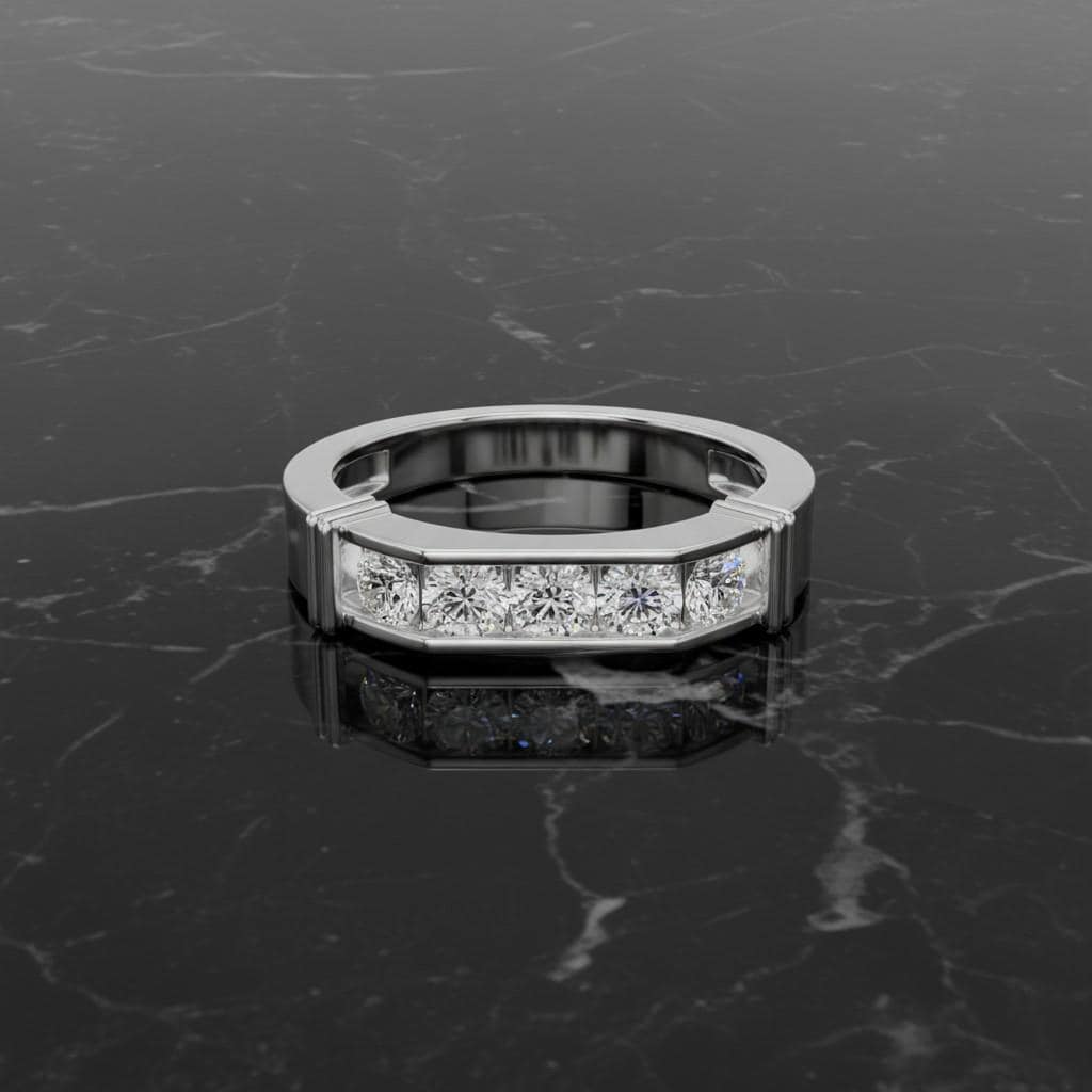 Men's Channel Set Moissanite Wedding Band, Sterling Silver Five Stone Ring