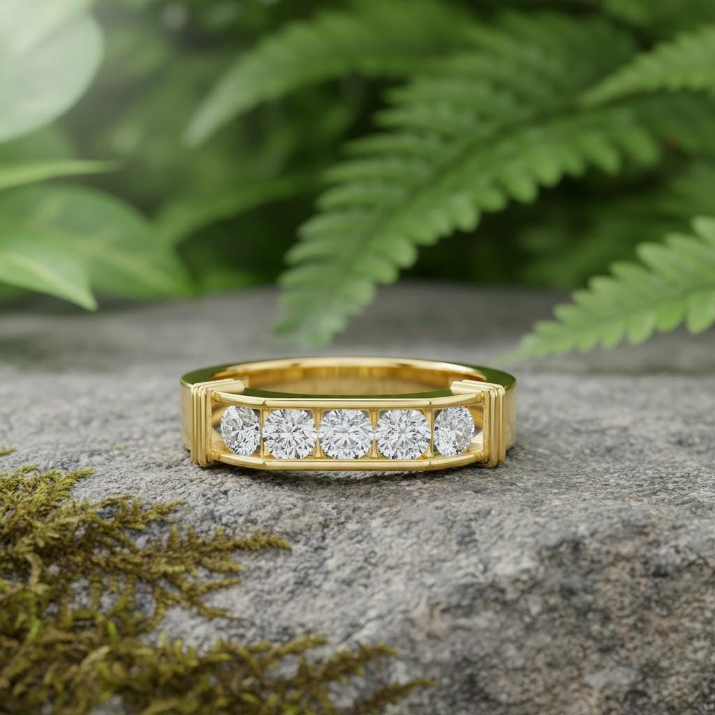 Men's Channel Set Moissanite Wedding Band, Sterling Silver Five Stone Ring