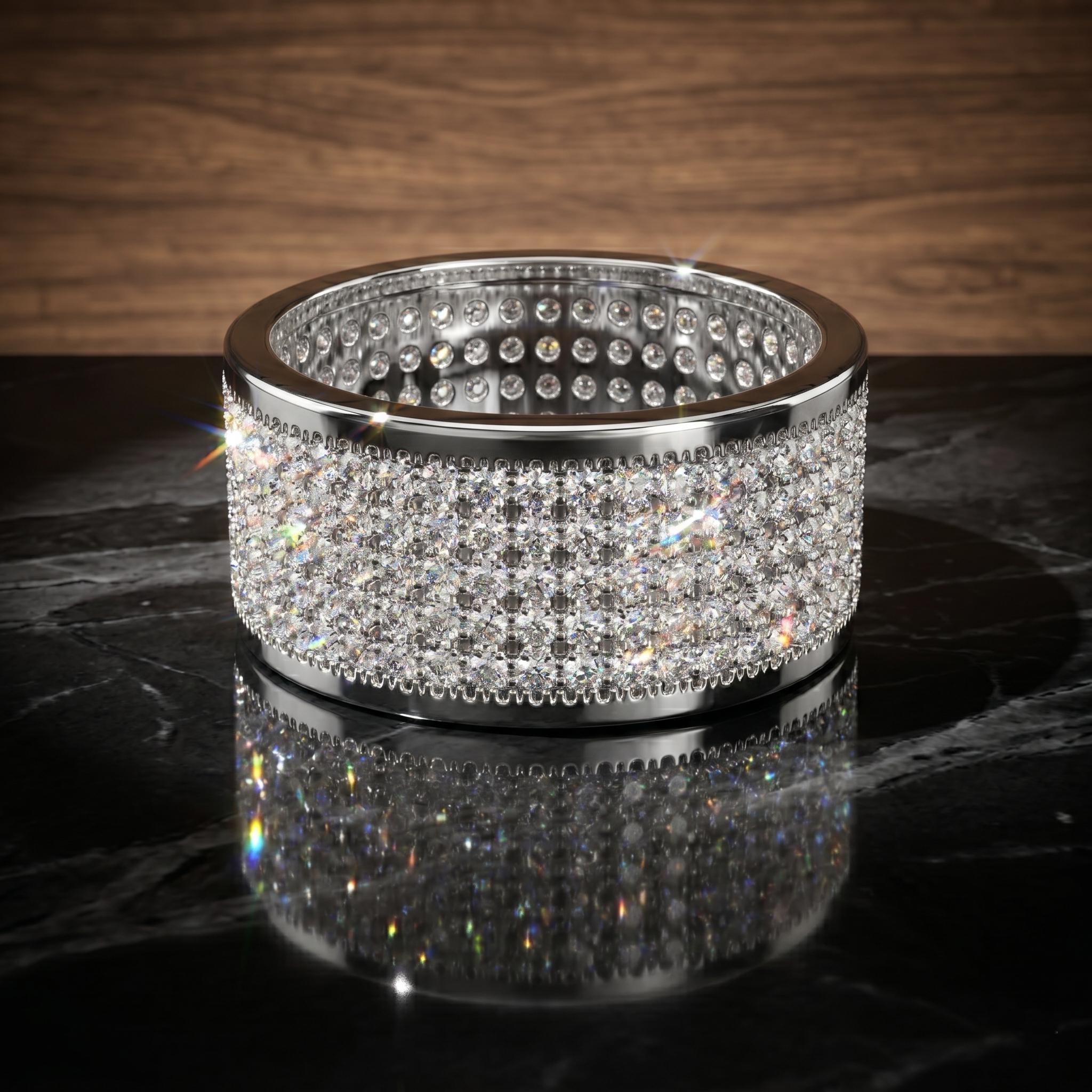 Five Row Pave Moissanite Men’s Wedding Ring, Sterling Silver Statement Ring