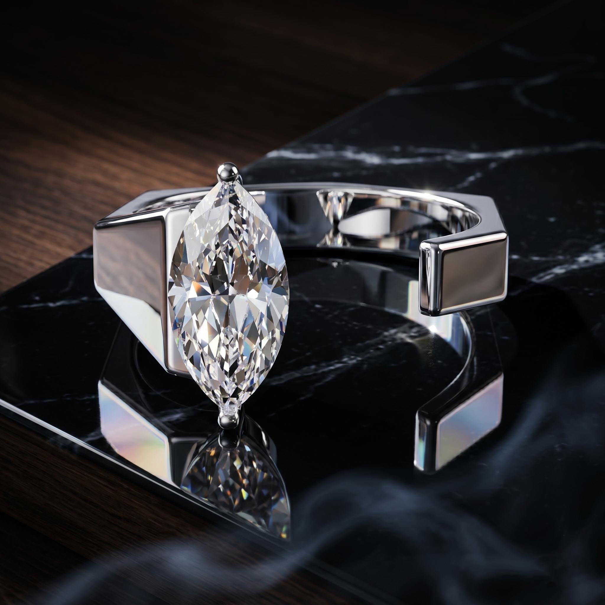 Men's Marquise Moissanite Ring, Rose Gold Sterling Silver, Modern Minimalist Groom Band