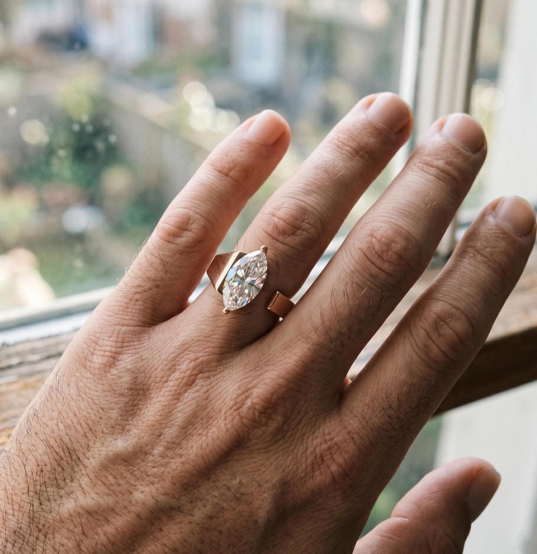 Men's Marquise Moissanite Ring, Rose Gold Sterling Silver, Modern Minimalist Groom Band