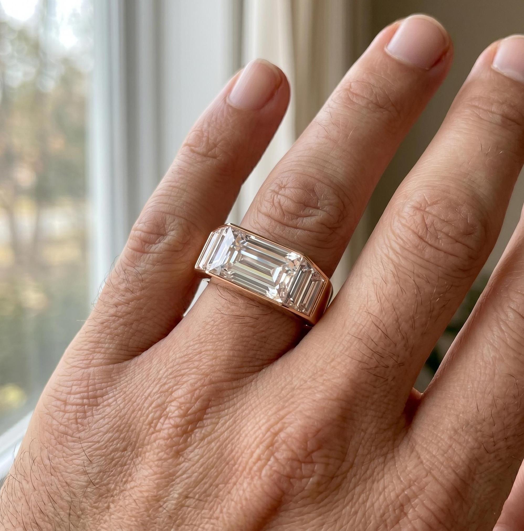 Sterling Silver Emerald Cut Moissanite Men's Ring, Dainty Statement Minimalist Baguette Wedding Band