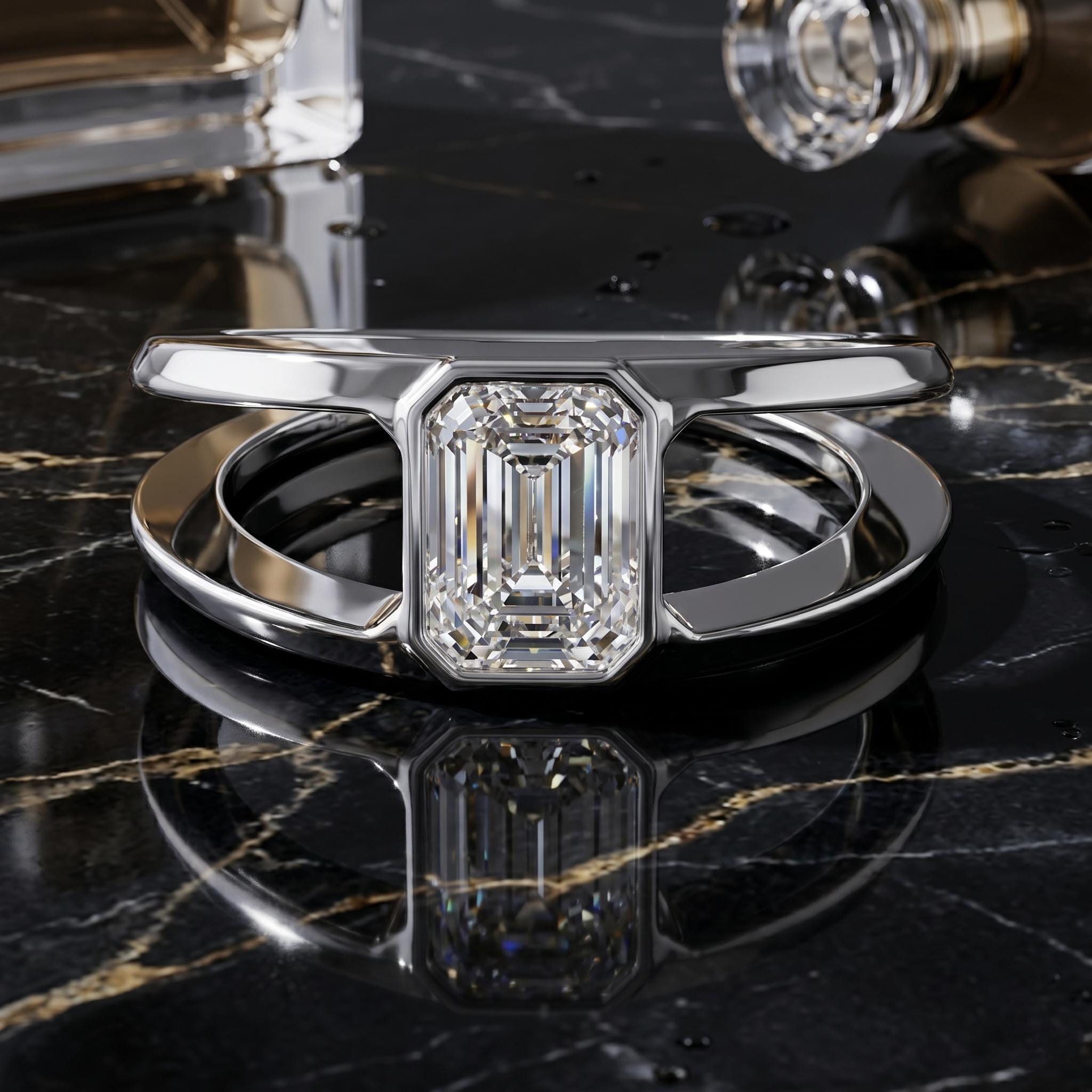 Emerald Cut Moissanite Men's Ring, 925 Sterling Silver, Split Shank Bezel Band