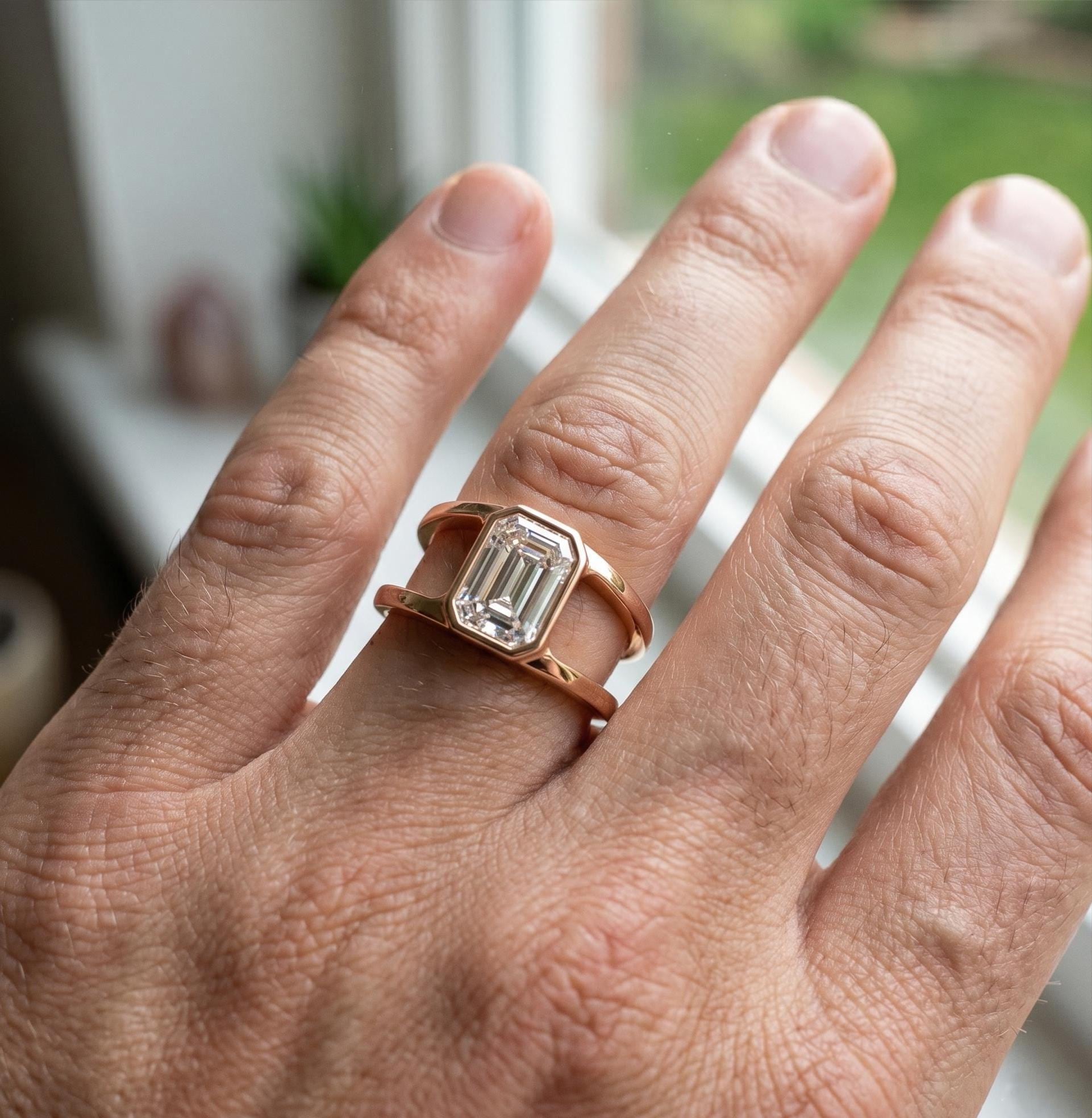 Emerald Cut Moissanite Men's Ring, 925 Sterling Silver, Split Shank Bezel Band