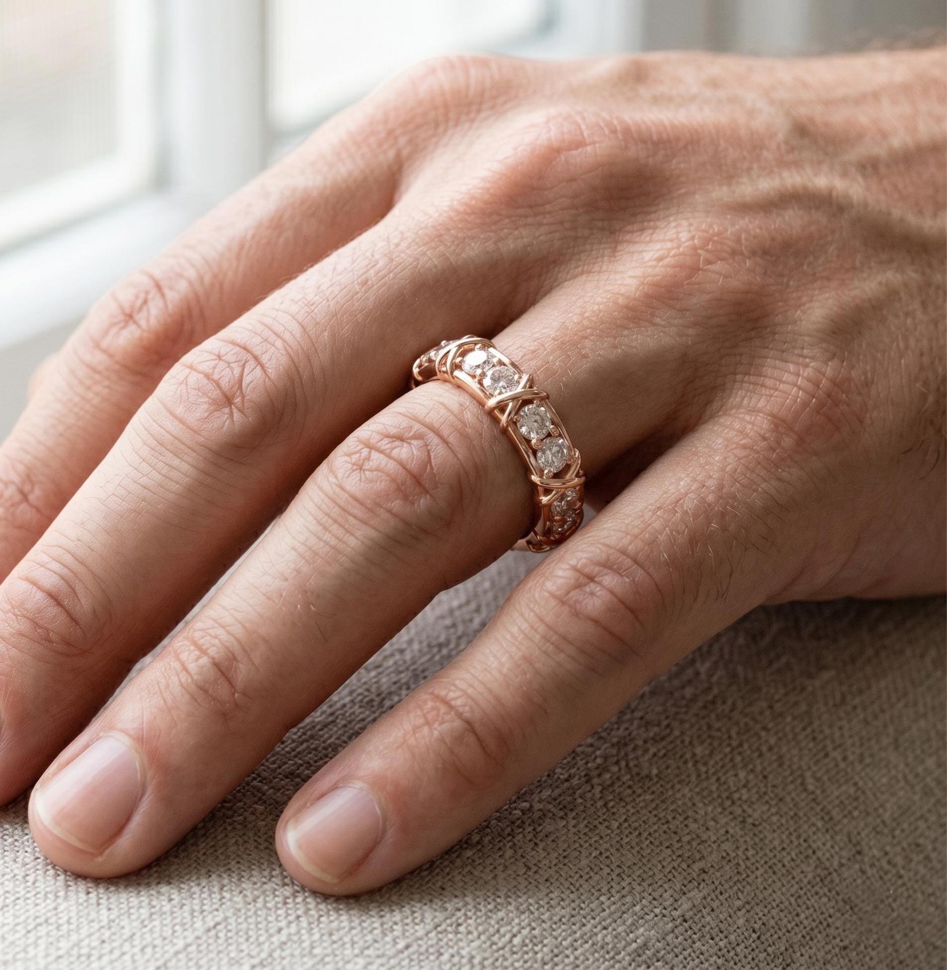 Sterling Silver Moissanite Criss Cross Band Ring, Rose Gold Finish Eternity Wedding Engagement Ring