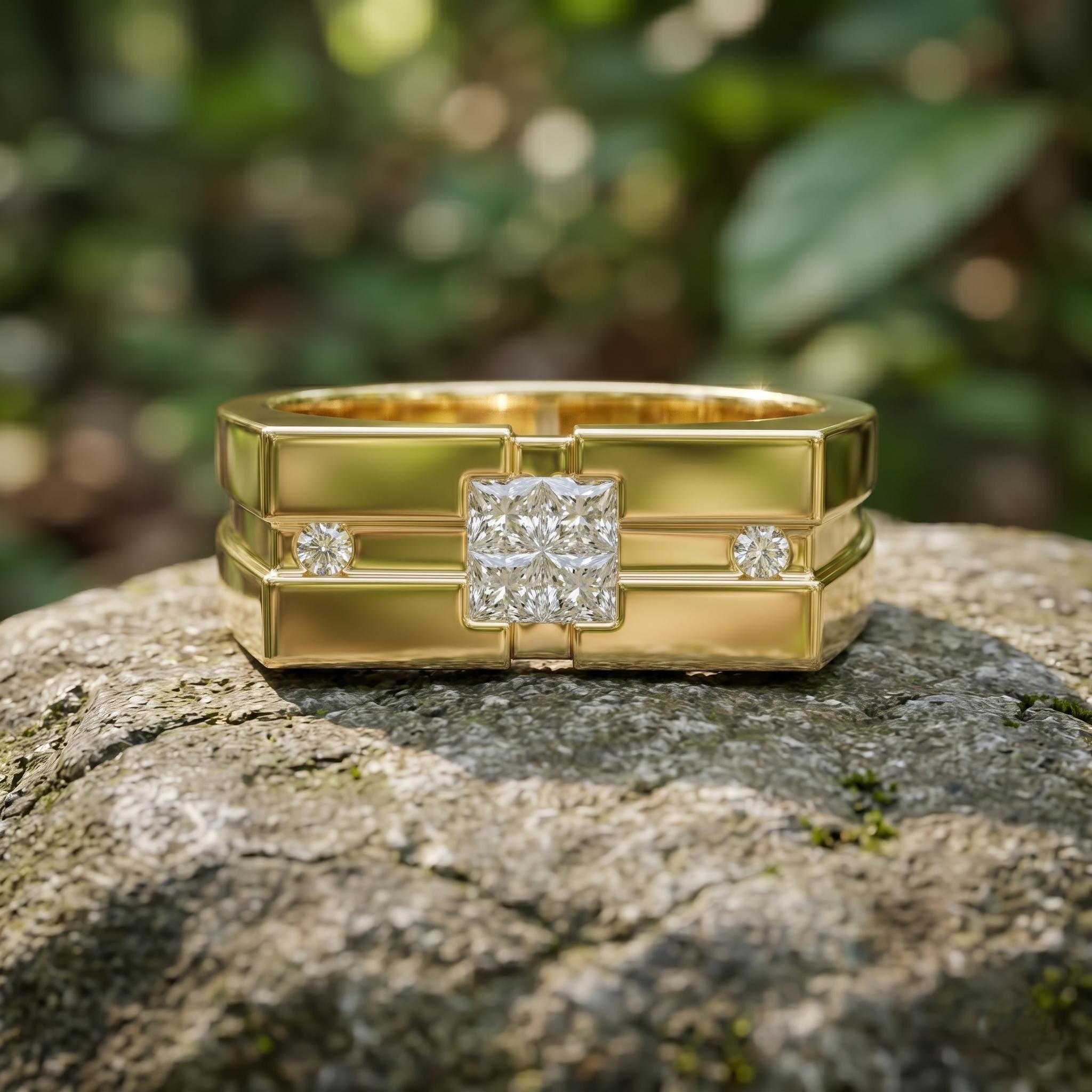 Men's Sterling Silver Princess Cut Moissanite Ring, Minimalist Signet Wedding Band