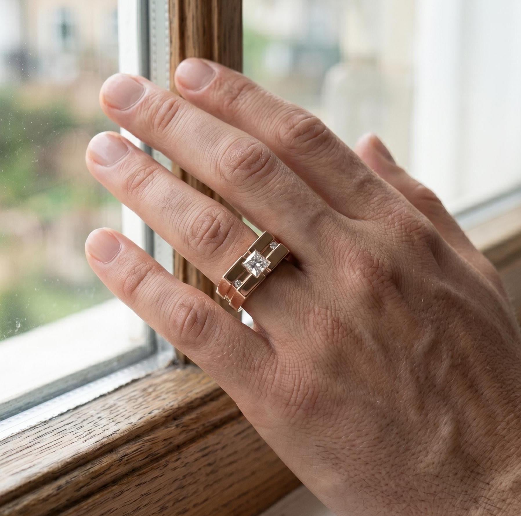 Men's Sterling Silver Princess Cut Moissanite Ring, Minimalist Signet Wedding Band