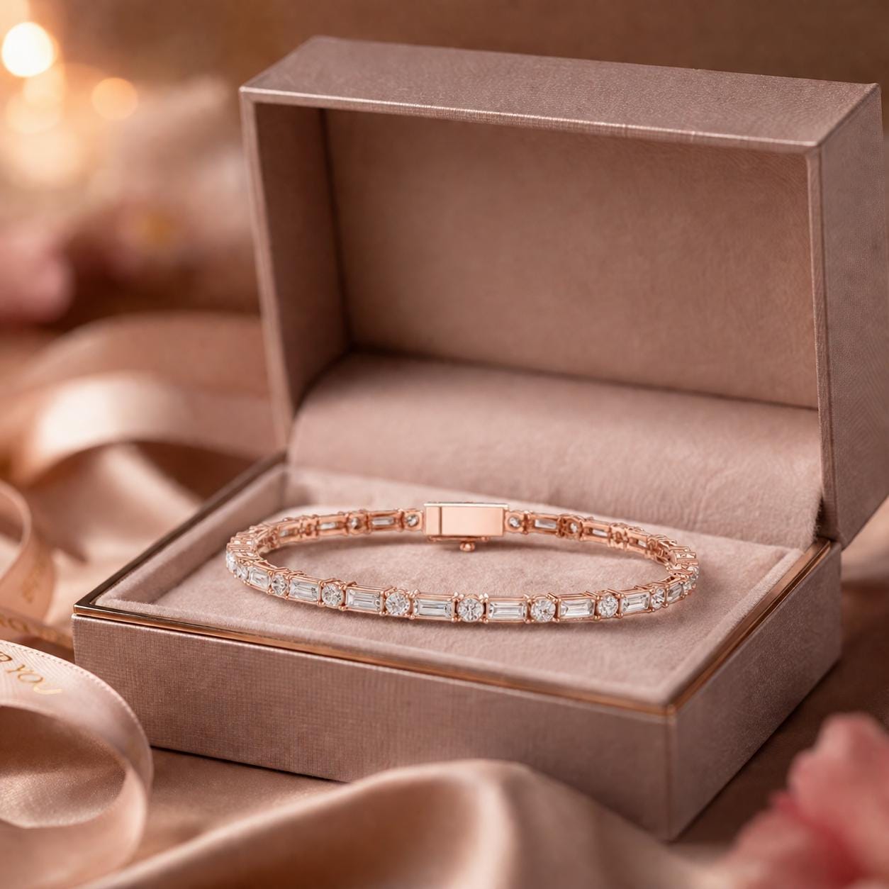 Baguette Round Moissanite Tennis Bracelet, 925 Sterling Silver Art Deco Dainty Wedding Jewelry