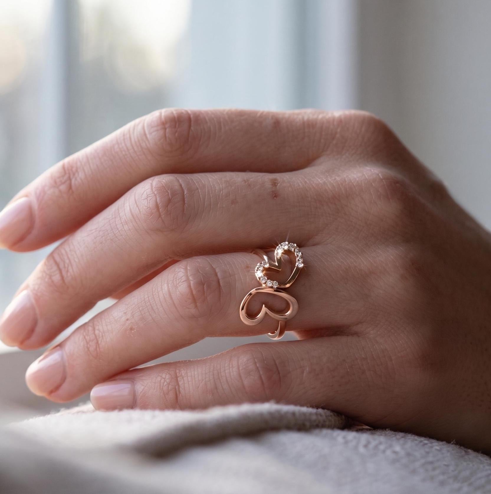 Interlocking Double Heart Moissanite Ring, 14K Solid Rose Gold, Dainty Wedding Promise Ring