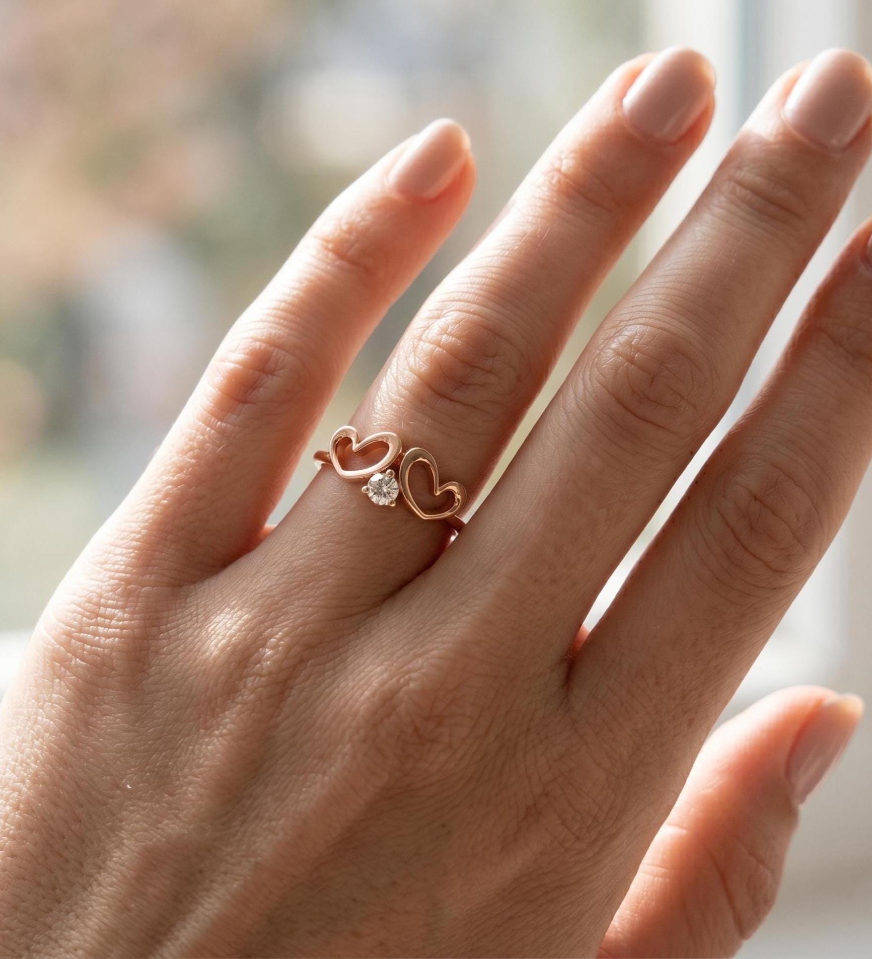 Filigree Double Heart Moissanite Ring, 14k Solid Gold Promise Anniversary Gift Her