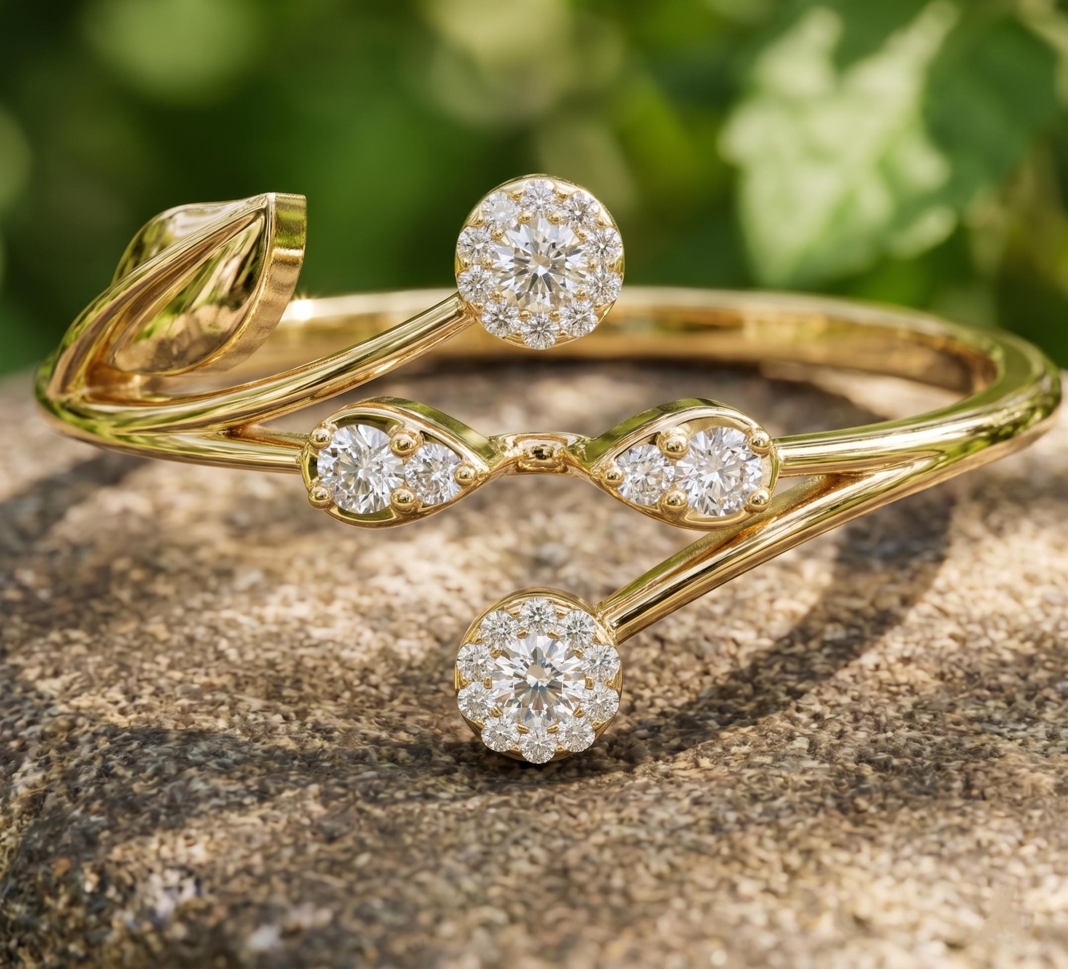 14k Solid Gold Swirl Leaf Moissanite Ring, Nature Inspired Cluster Wrap Curved Ring