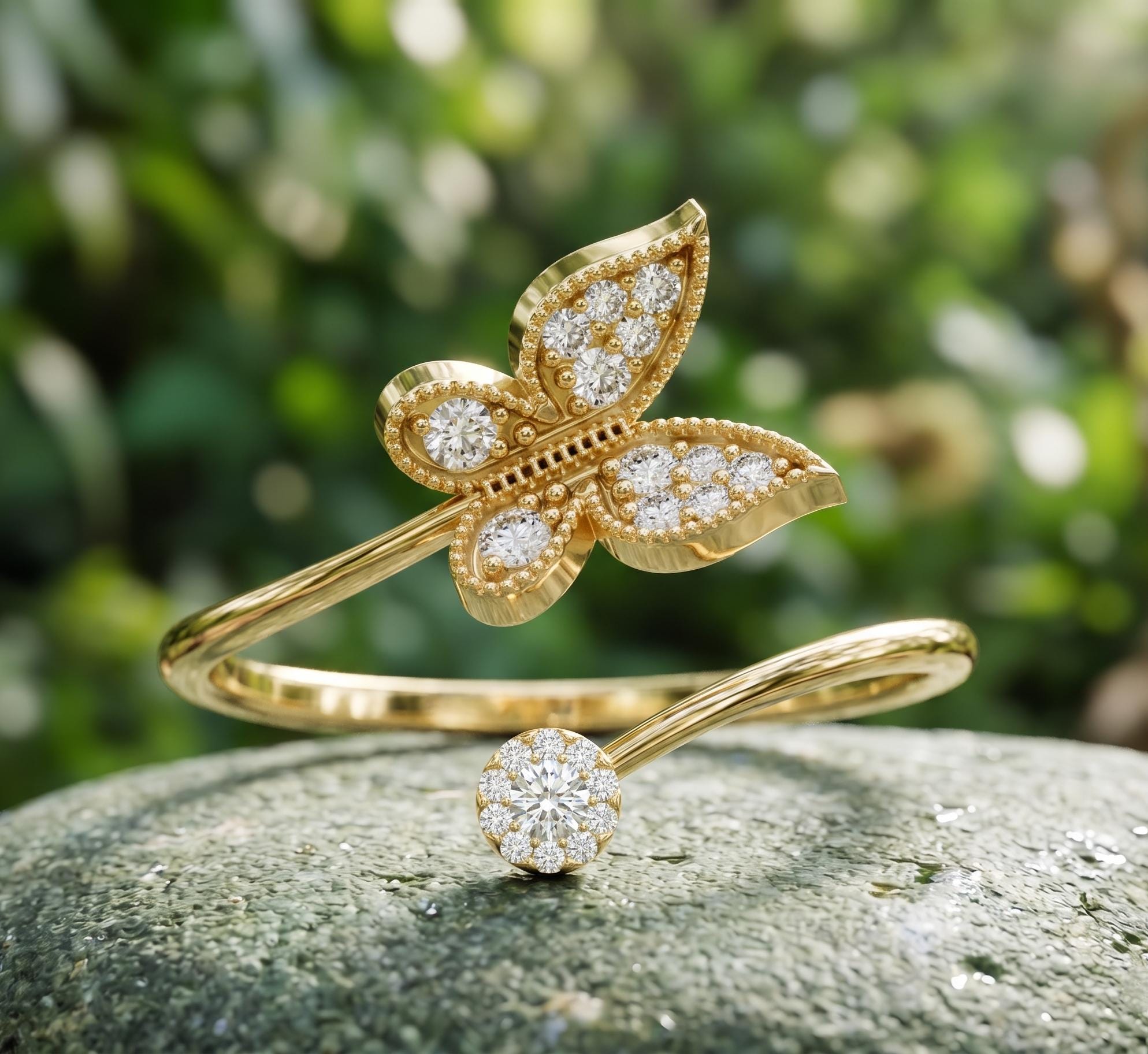 14K Solid Gold Butterfly Ring, Moissanite Open Wrap, Nature Inspired Milgrain Detail