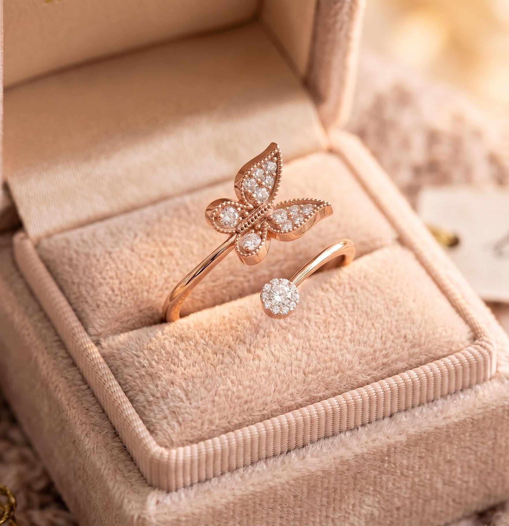 14K Solid Gold Butterfly Ring, Moissanite Open Wrap, Nature Inspired Milgrain Detail